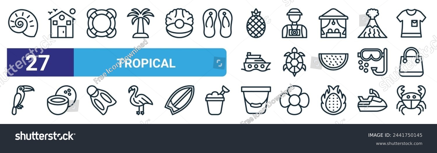 SVG of set of 27 outline web tropical icons such as shell, resort, life saver, tourist, turtle, coconut, bucket, crab vector thin line icons for web design, mobile app. svg