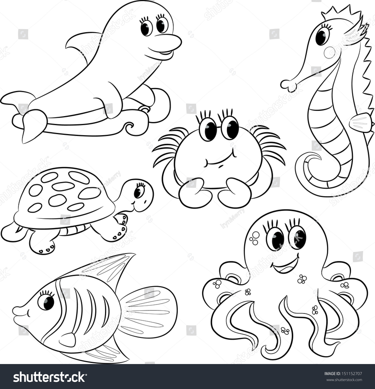Set Outlined Cartoon Sea Animals Vector Stock Vector 151152707 ...
