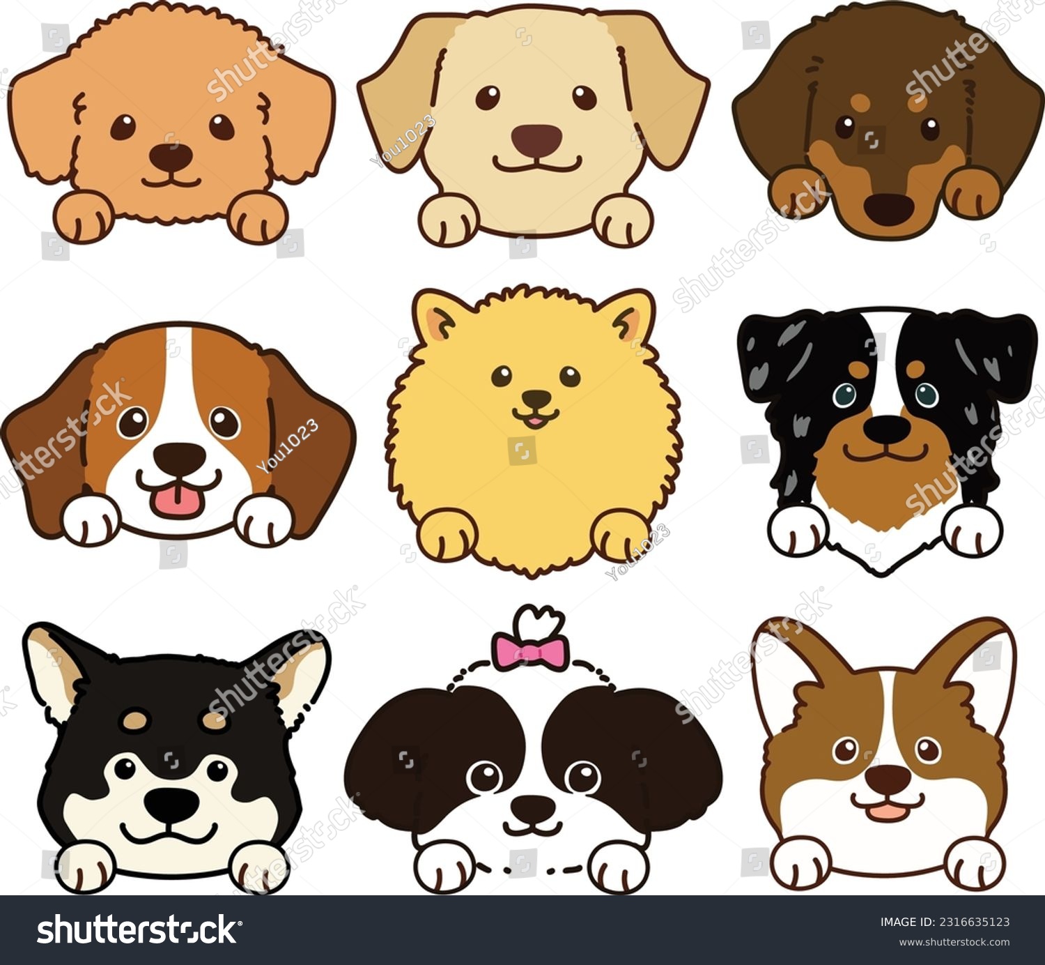 SVG of Set of outlined cute and simple dog heads with front paws svg