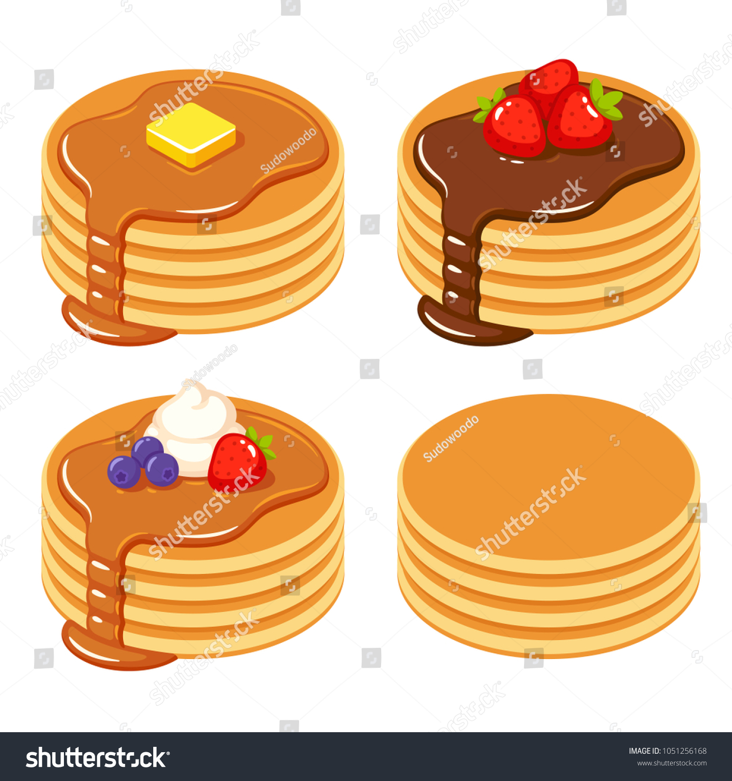 SVG of Set of pancakes with different toppings: honey and butter, chocolate syrup and fruit, and a stack of plain isolated pancakes. Traditional breakfast food vector illustration. svg