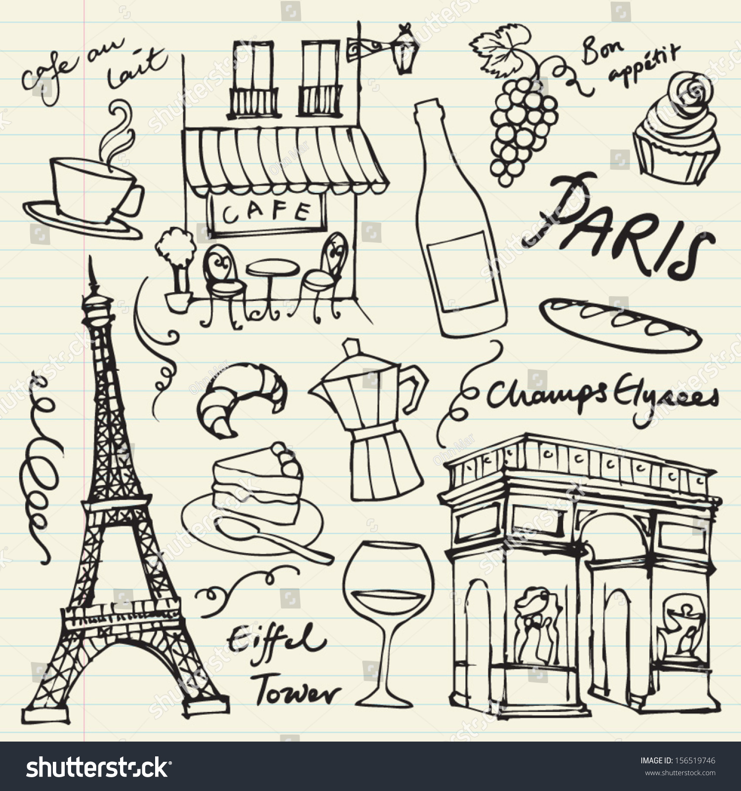 Set Paris Landmarks Icons Doodle Vector Stock Vector 156519746 ...