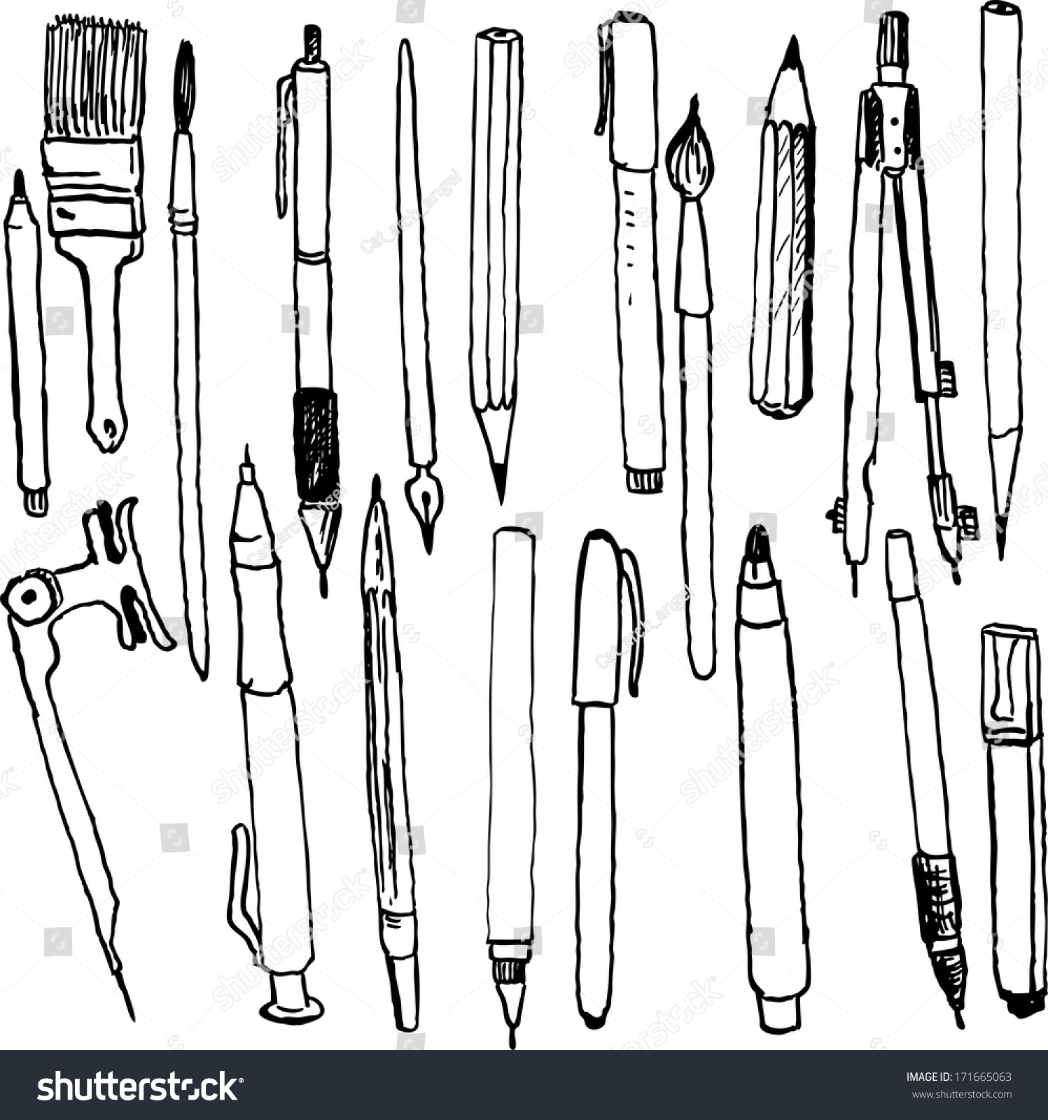 Set Pens Pencils Ink Drawing Instruments Stock Vector