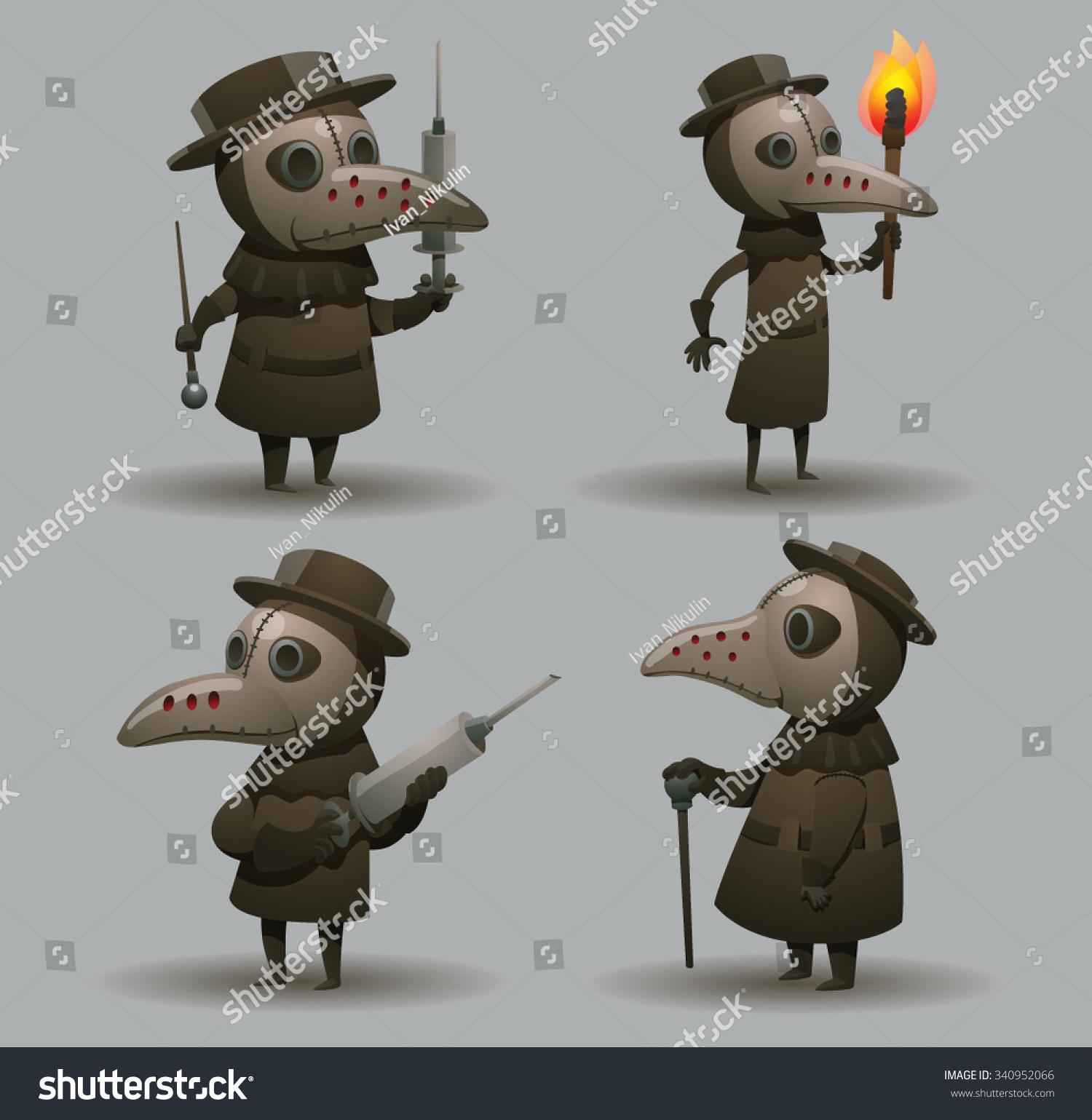 SVG of Set of people in costume of dark plague doctor, vector svg