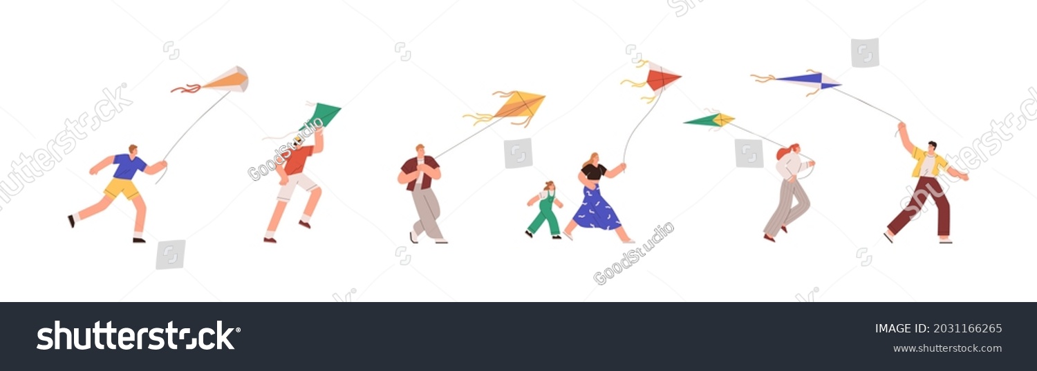 SVG of Set of people playing with air kites and fly it to sky. Happy joyful man, woman, kid running and walking, holding flying wind toy in hands. Flat vector illustration isolated on white background svg