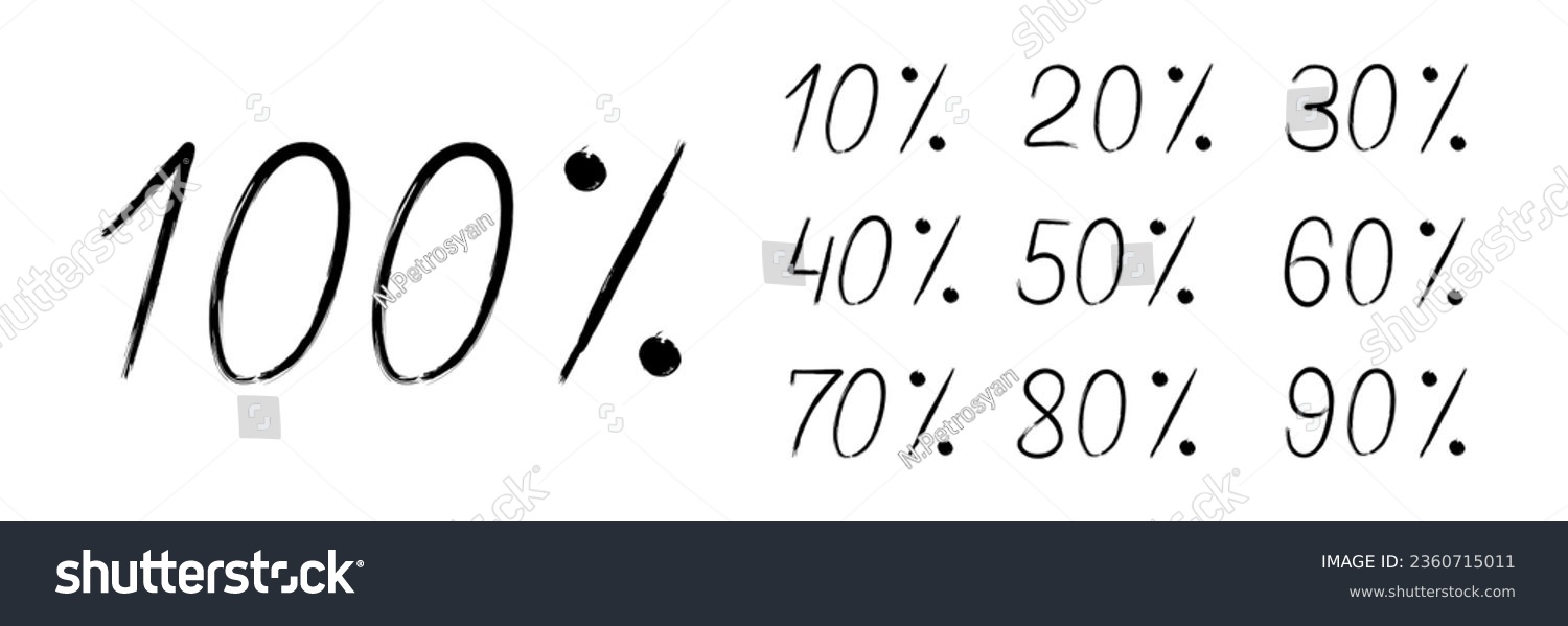SVG of Set of percentages with brush stroke from ten percent to one hundred percent. Hand drawn collection of discount sale tags. Badges template isolated on white background. Vector illustration svg
