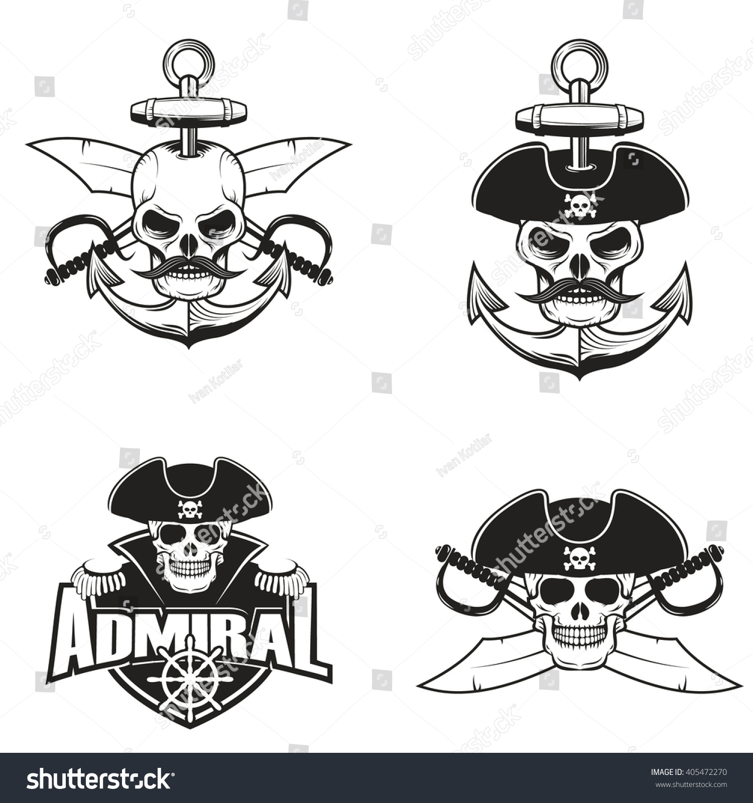 Set Of Pirate Skulls. Admiral Logo. Skull On Anchor With Two Cross ...