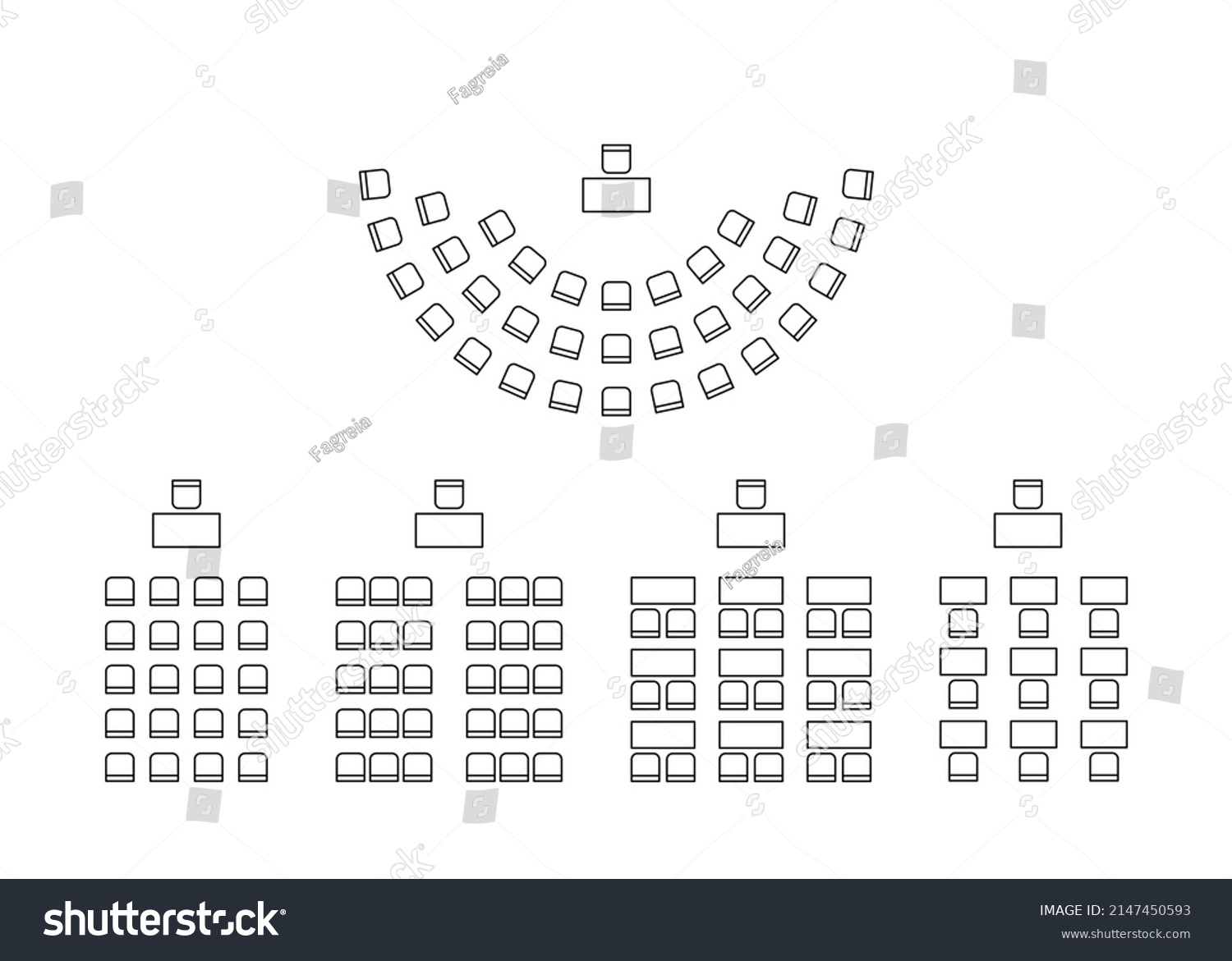 SVG of Set of plan for arranging seats semicircle and rows in interior, , layout outline. Place spectators, classroom, map seats amphitheater. Scheme chairs and tables furniture top view. Vector line svg
