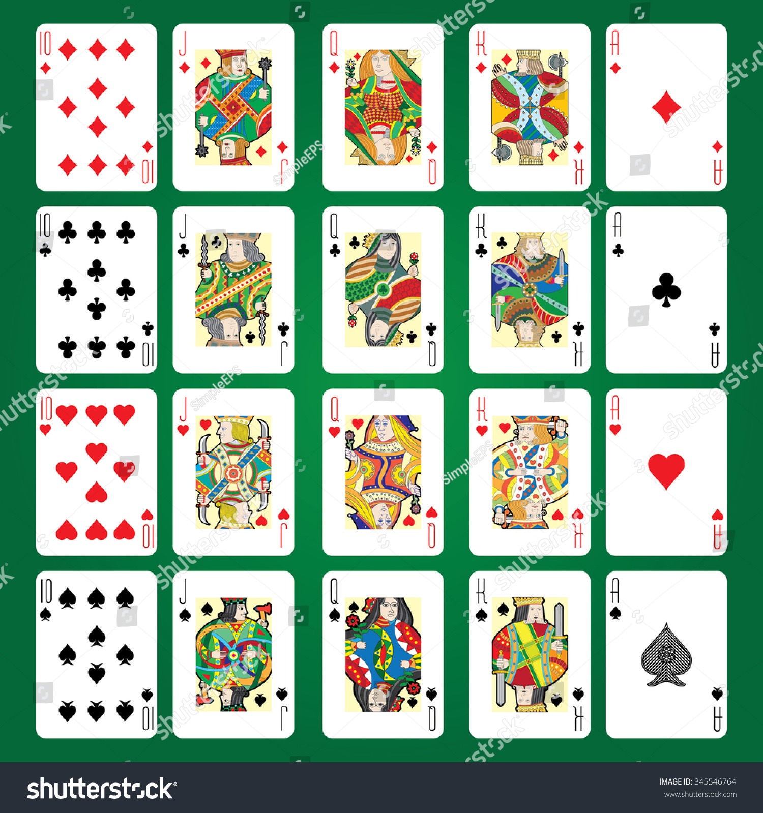 Set Of Playing Cards Vector: Ten, Jack, Queen, King, Ace - 345546764 ...