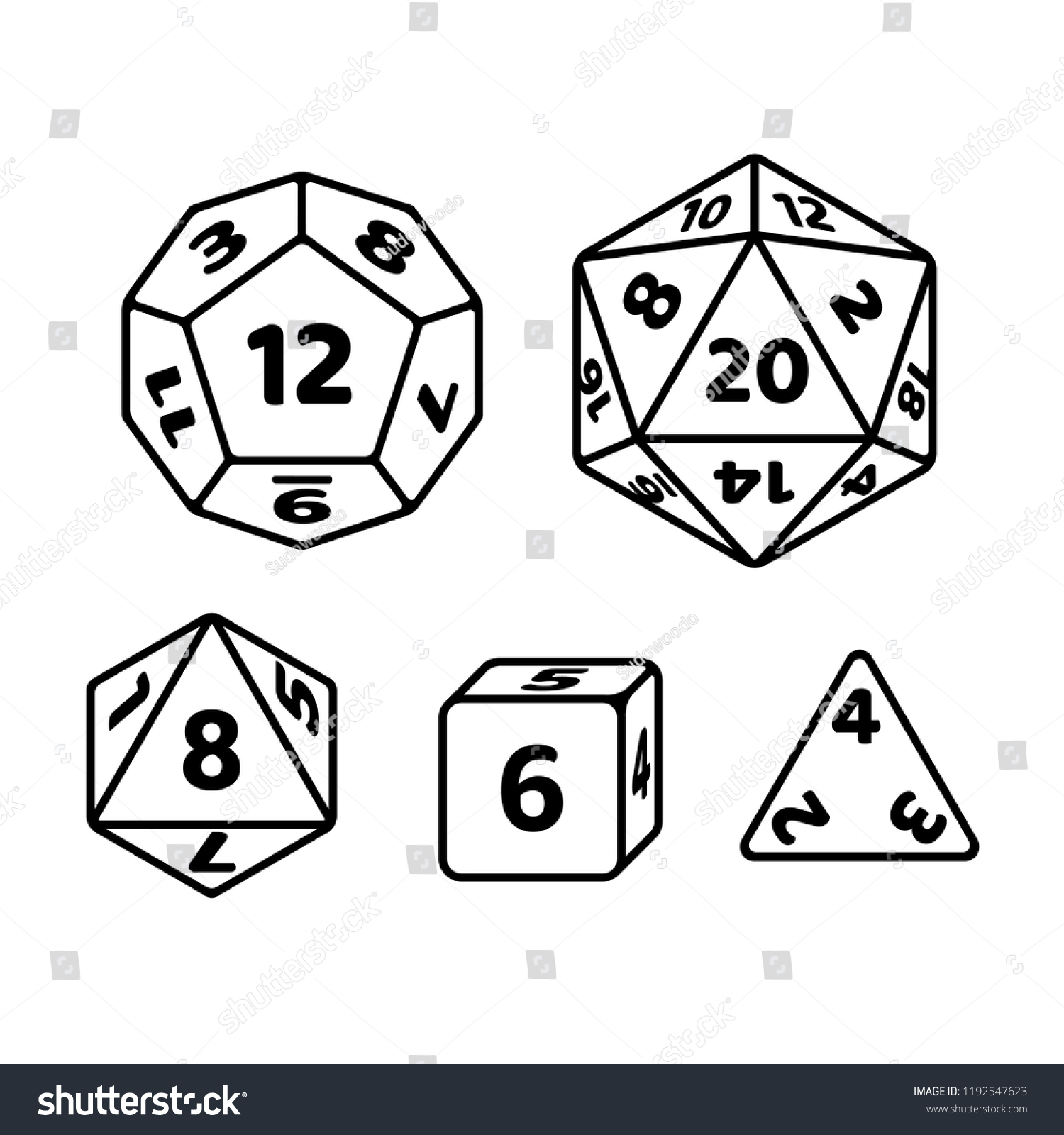 SVG of Set of polyhedron dice for fantasy RPG tabletop games. d20, d12, d8 and cube with numbers on sides. Black and white vector icons. svg