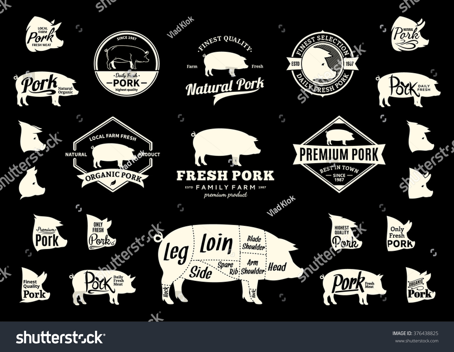 Set Pork Logo Pork Cuts Diagram Stock Vector Royalty Free 376438825