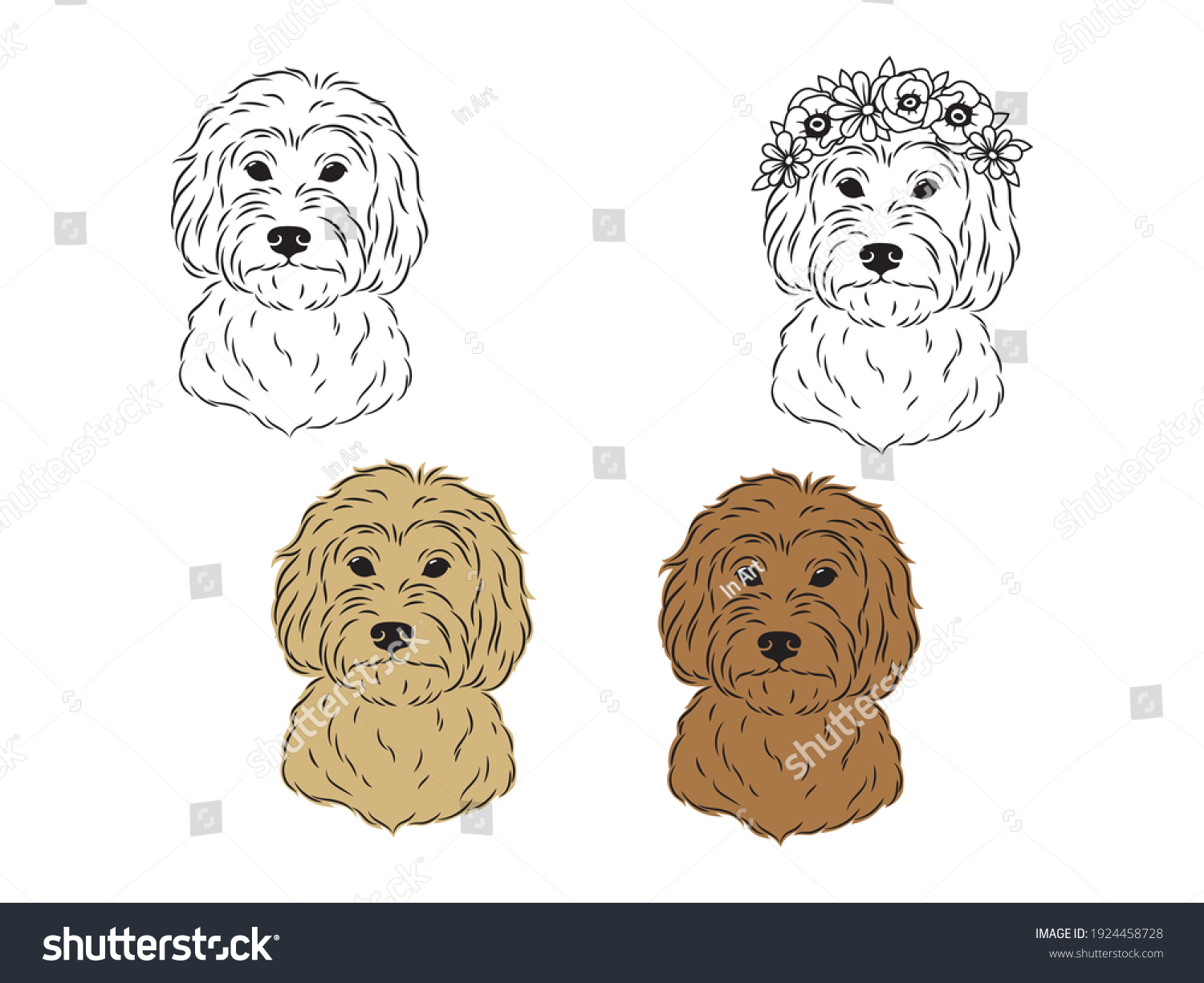 SVG of Set of portraits of labradoodle. Collection of heads of fluffy dogs with flower crown. Print for clothes. Black and white of illustration a cute pets. Tattoo Groodle. svg