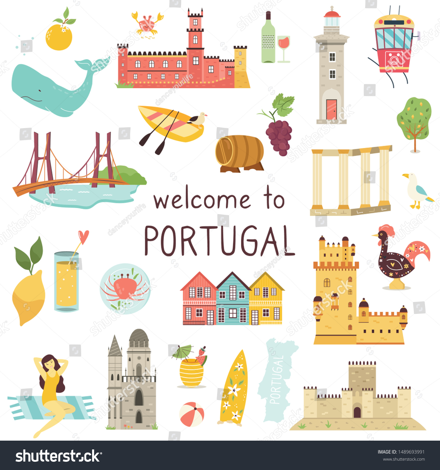 Set Portuguese Icons Landmarks Elements Collection Stock Vector ...