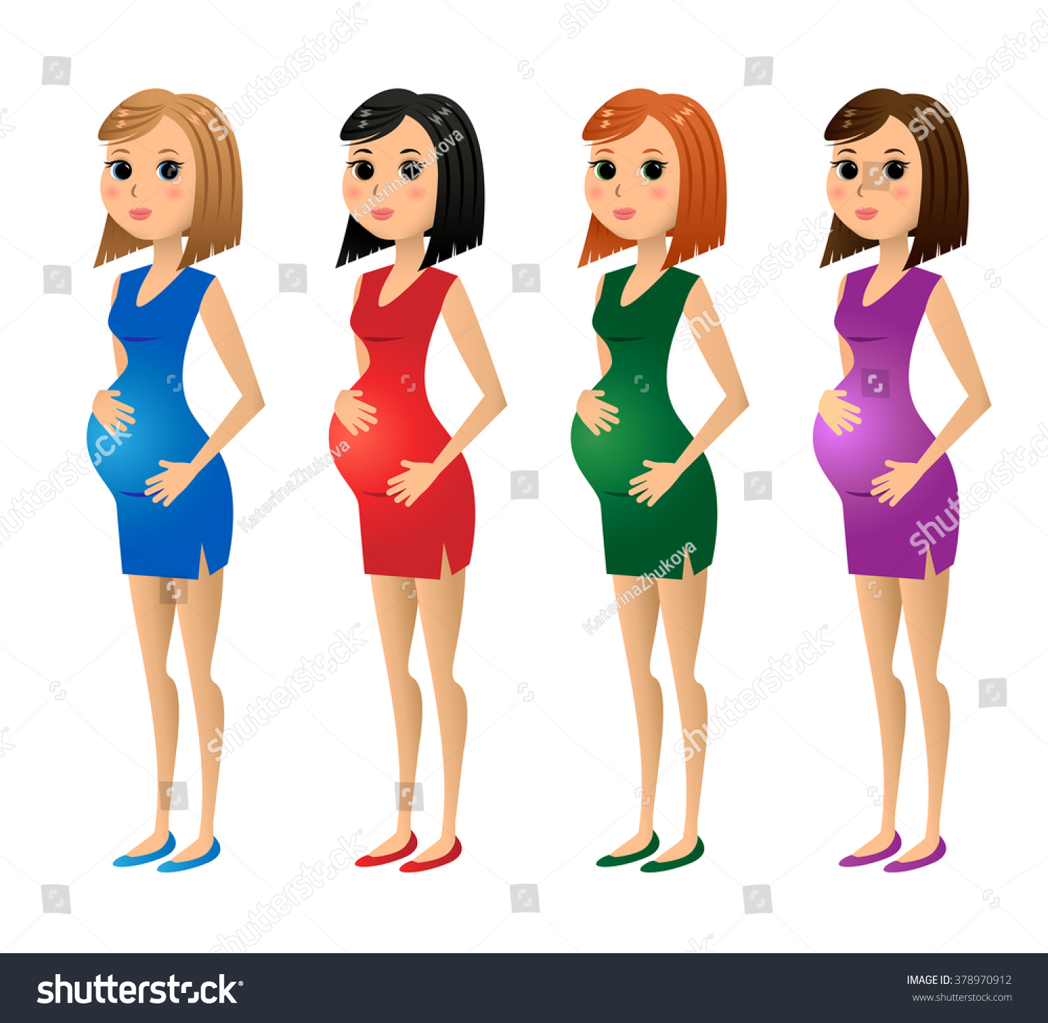 Set Of Pregnant Women Blonde Brunette Redhead In Varicolored Dresses Stock Vector