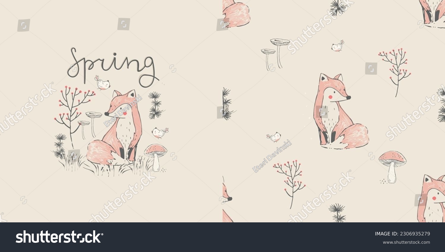 SVG of Set of print with forest animal's and Seamless pattern: fox,bird's. Hand drawn vector illustration. Can be used for kids fabric, textile, nursery wallpaper. svg