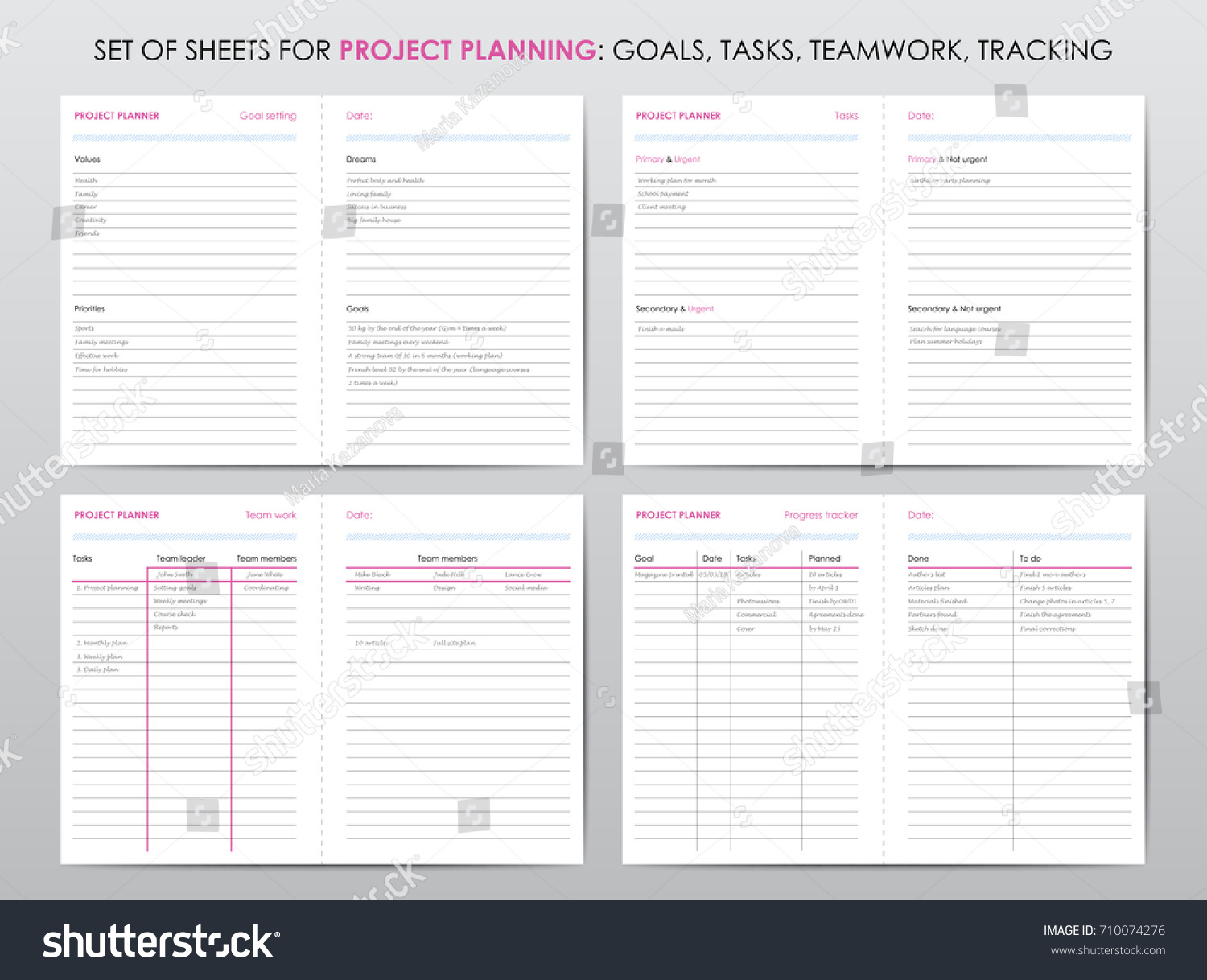 set project planner sheets life business stock vector royalty free