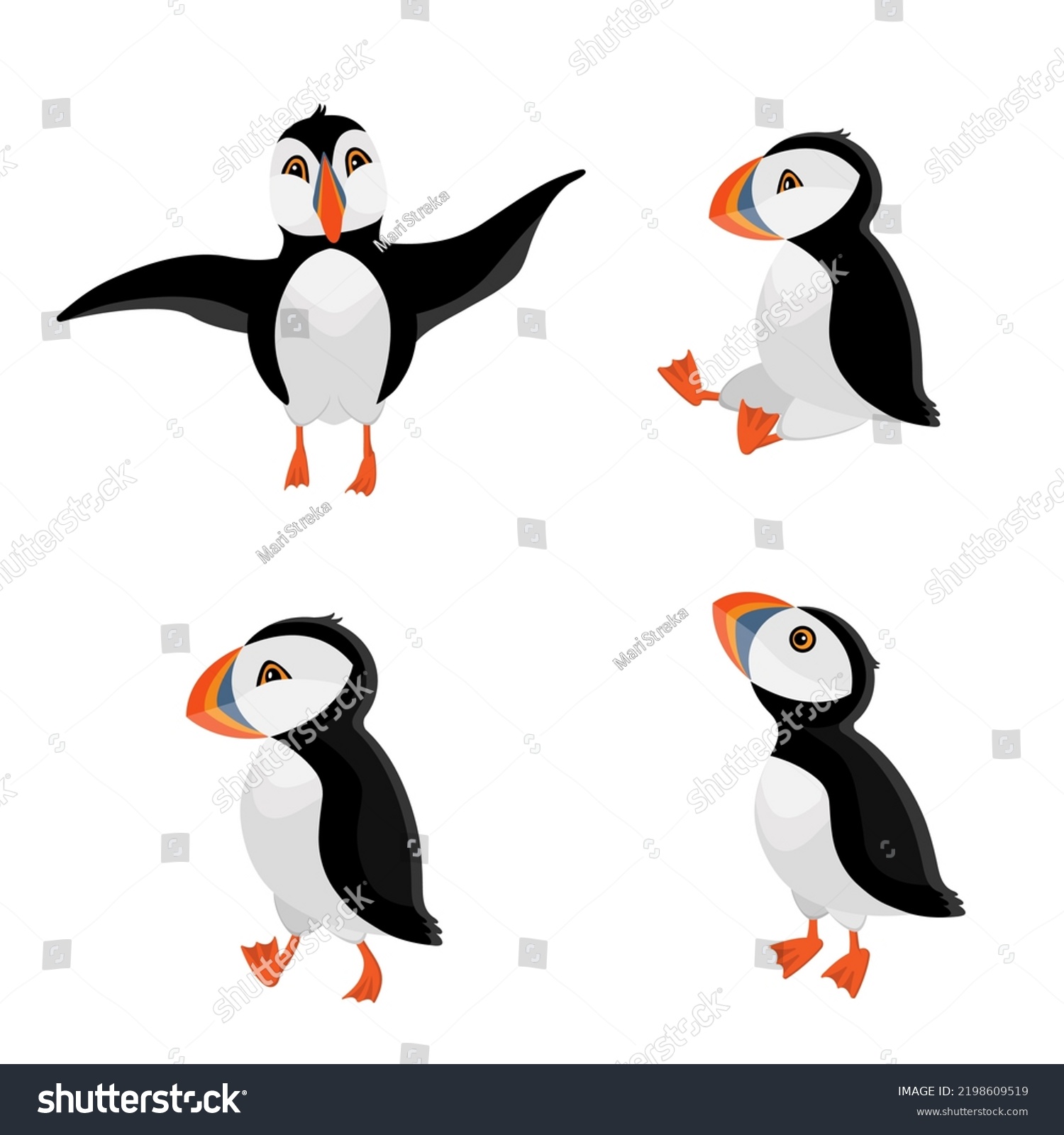 SVG of Set of puffins. Flying, standing, sitting, walking. Drawn in cartoon style. Vector illustration for designs, prints and patterns. svg