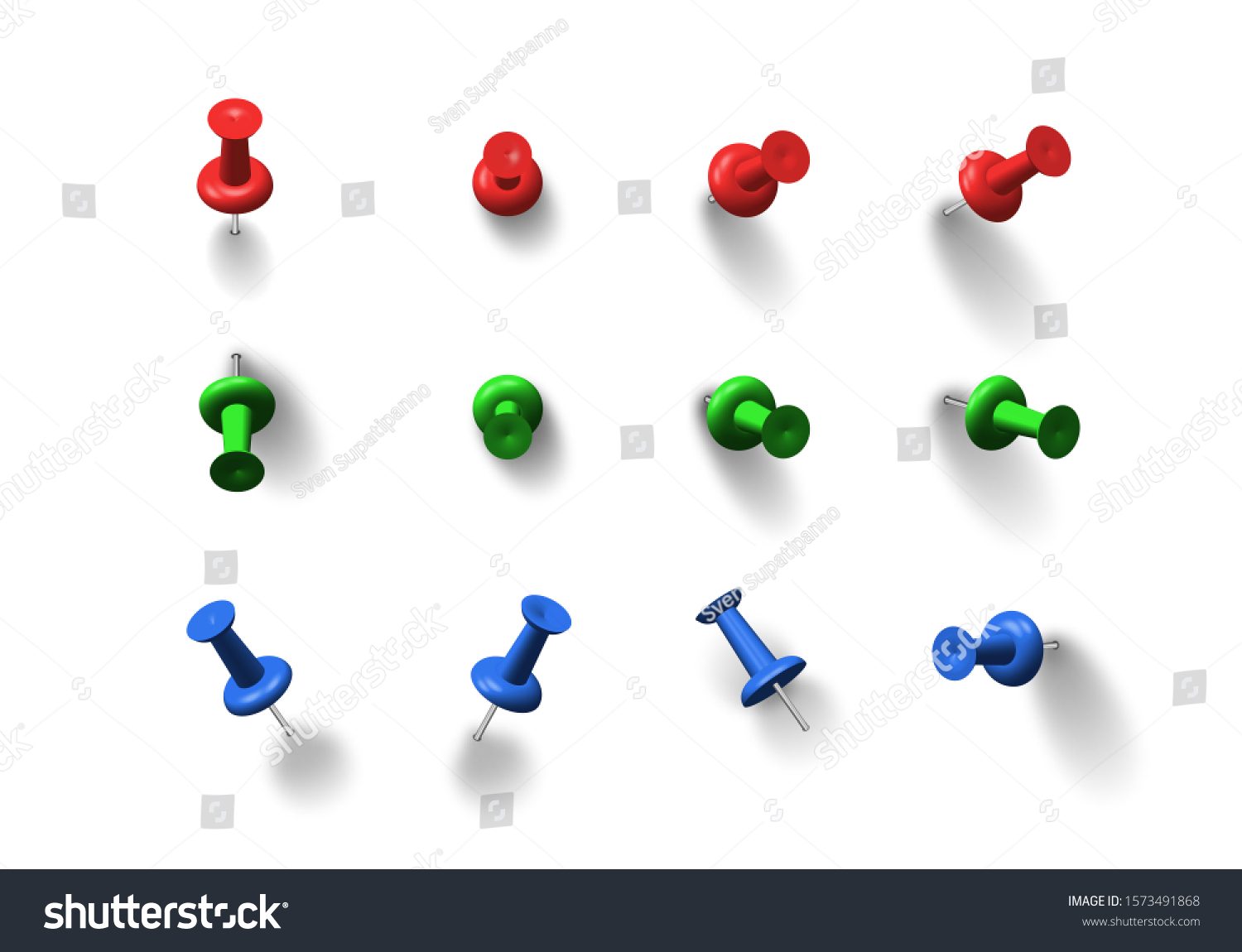 リアルな影と異なる色の押しピンのセット 画鋲 平面図 ベクターイラスト 白い背景に ベクターイラスト のベクター画像素材 ロイヤリティフリー Shutterstock