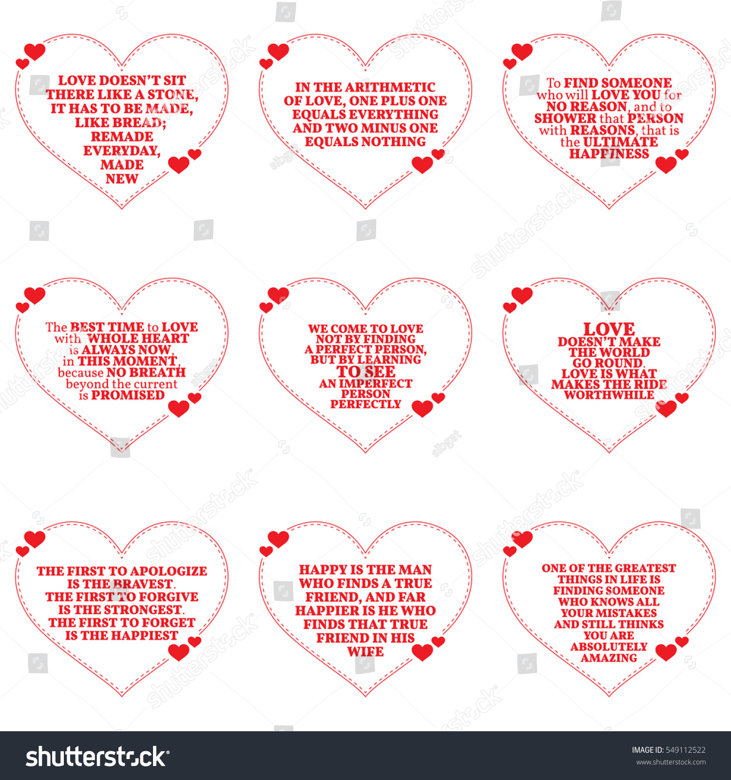 Set of quotes about love over white background Simple heart shape design Vector illustration