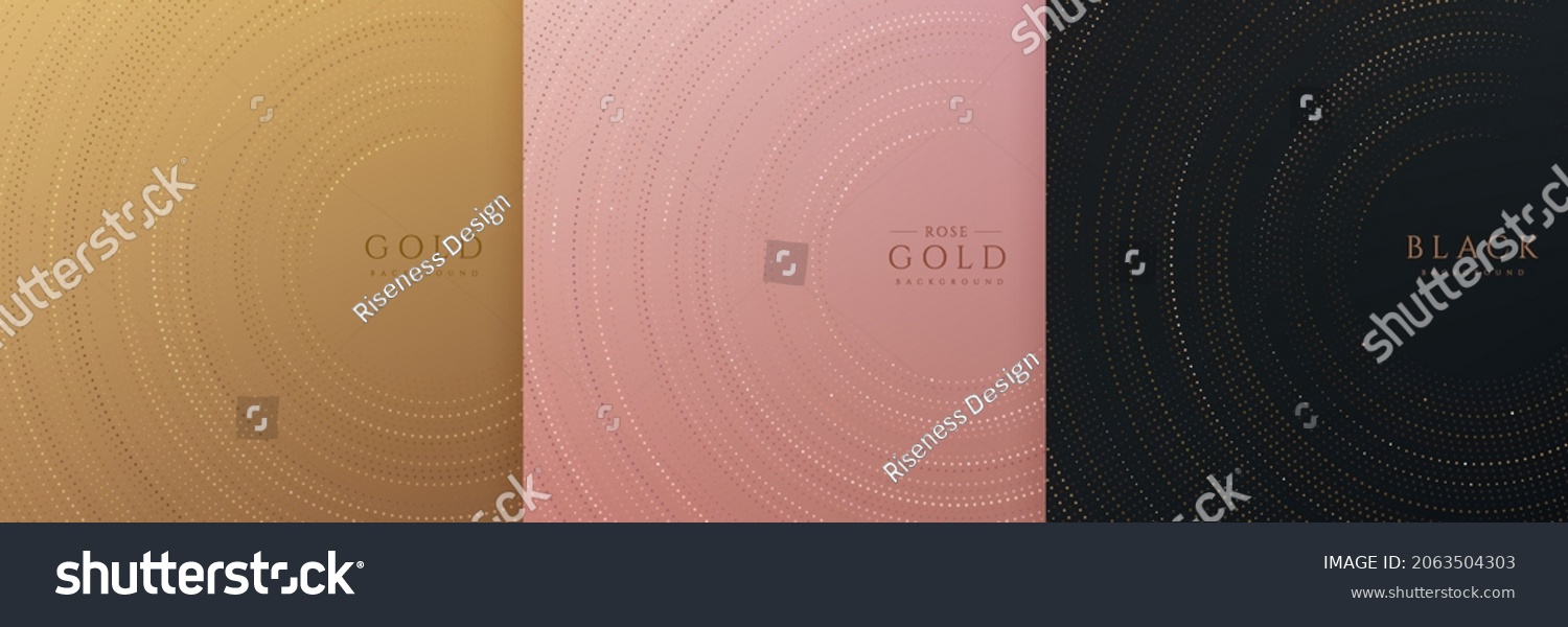 SVG of Set of radial circular glowing glitter overlapping on black, gold and rose gold background. Luxury and elegant halftone design. Radial dots pattern template with copy space. Vector illustration svg