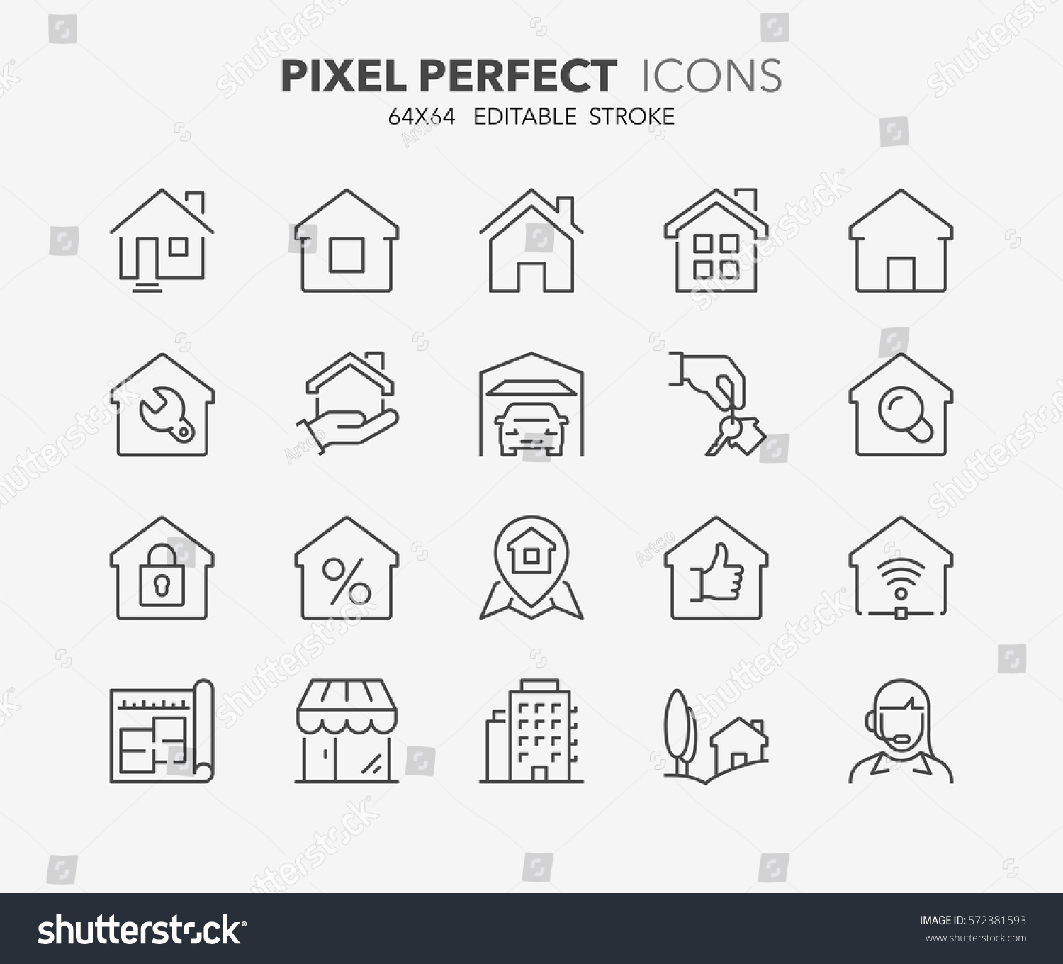 SVG of Set of real estate and homes thin line icons. Contains icons as area, hand holding key, smart home, contact and support, apartments and more. Editable stroke. 64x64 Pixel Perfect. svg