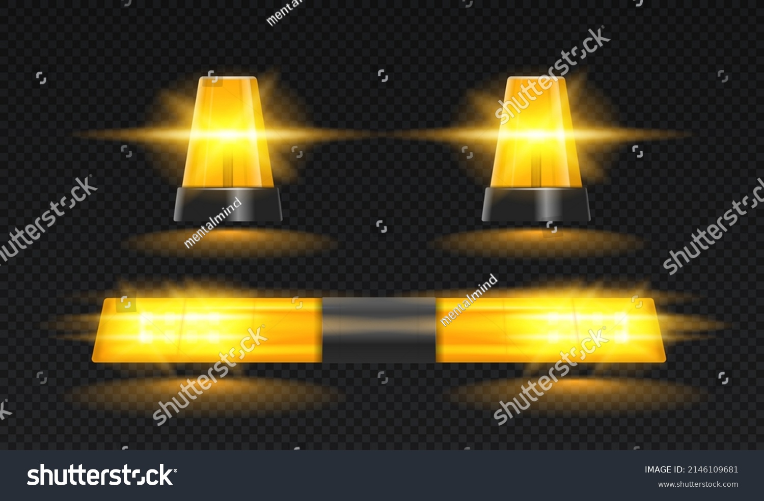 SVG of Set of Realistic flashers. Yellow sirens for emergency medical vehicles or service truck, tractor and automobile. Design elements for websites. 3D vector collection isolated on transparent background svg