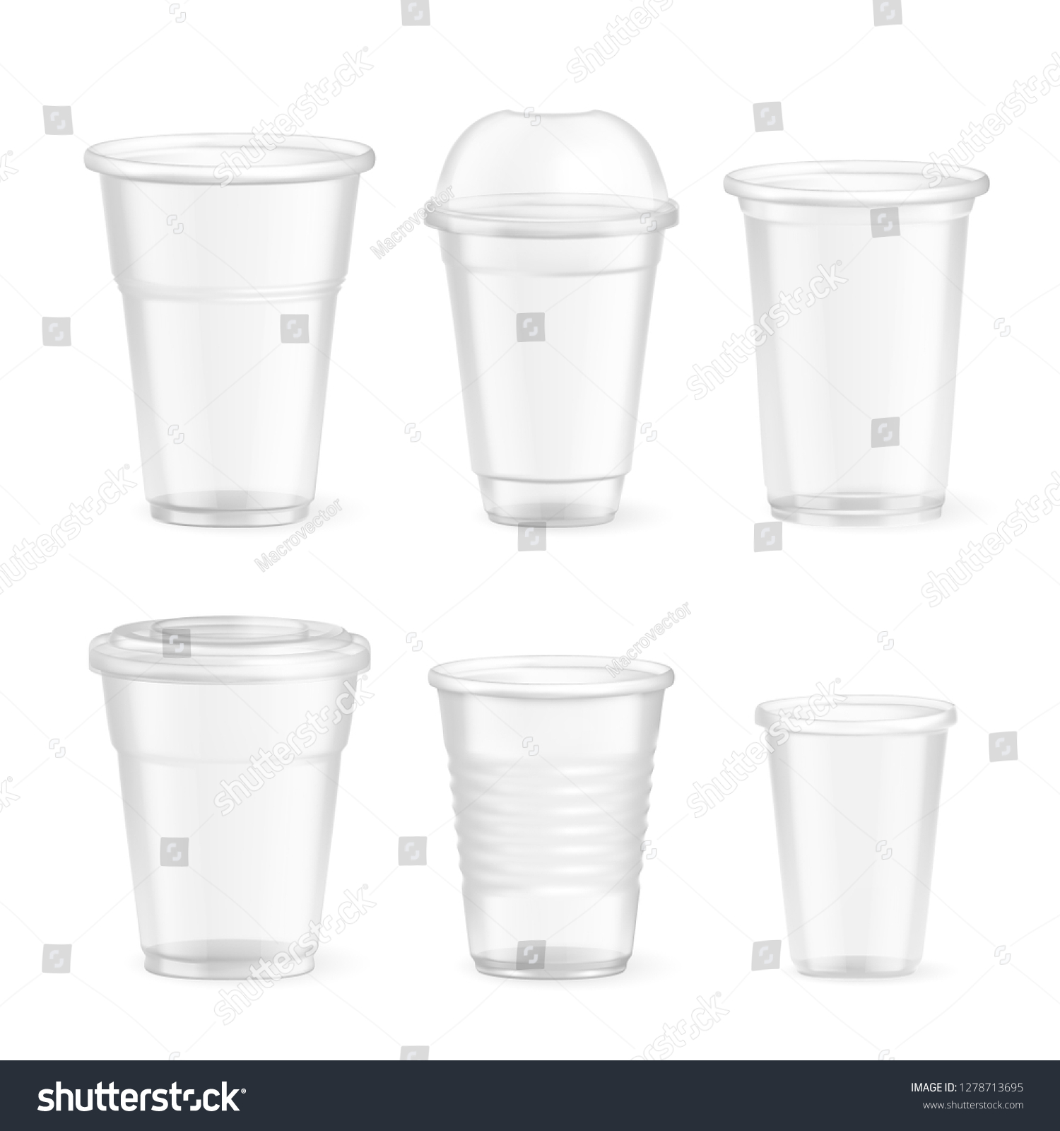 SVG of Set of realistic plastic disposable food glasses of various size on white background isolated vector illustration svg