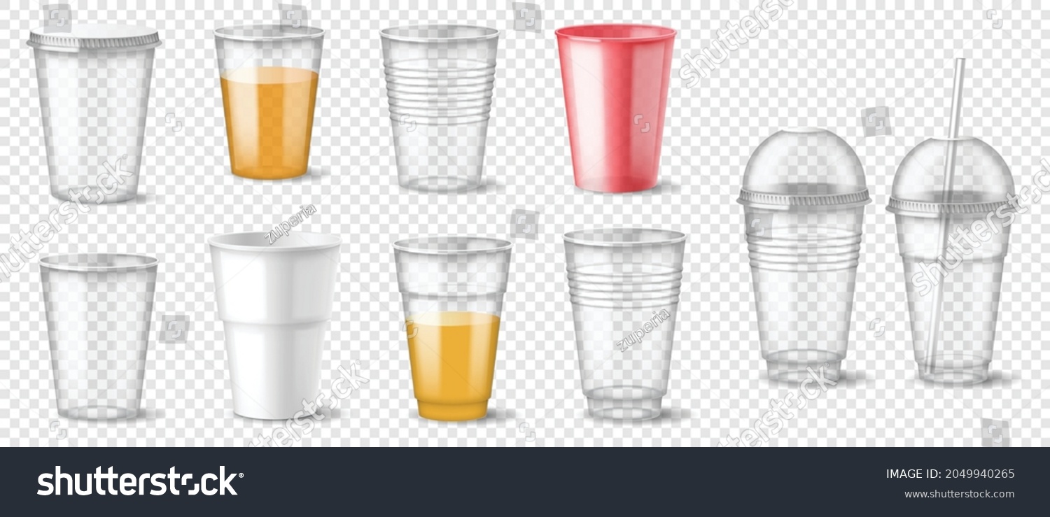 SVG of Set of realistic plastic glass empty and full cups for mockup disposable drinks container for branding. Hot and cold beverage takeaway isolated on transparent background. 3d vector illustration svg