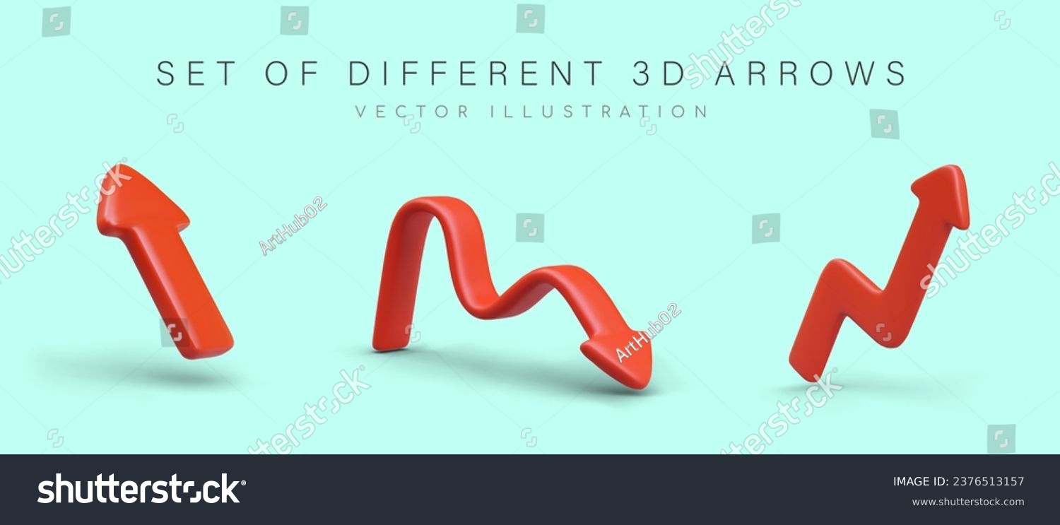 SVG of Set of 3 red arrows of different types. Straight, broken, wavy pointers in plasticine style. Isolated vector image. Direction sign, click hint. Modern web design svg