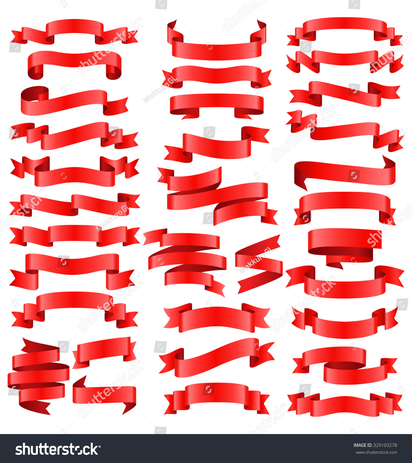 Set Of Red Celebration Curved Ribbons Variations Isolated On White 