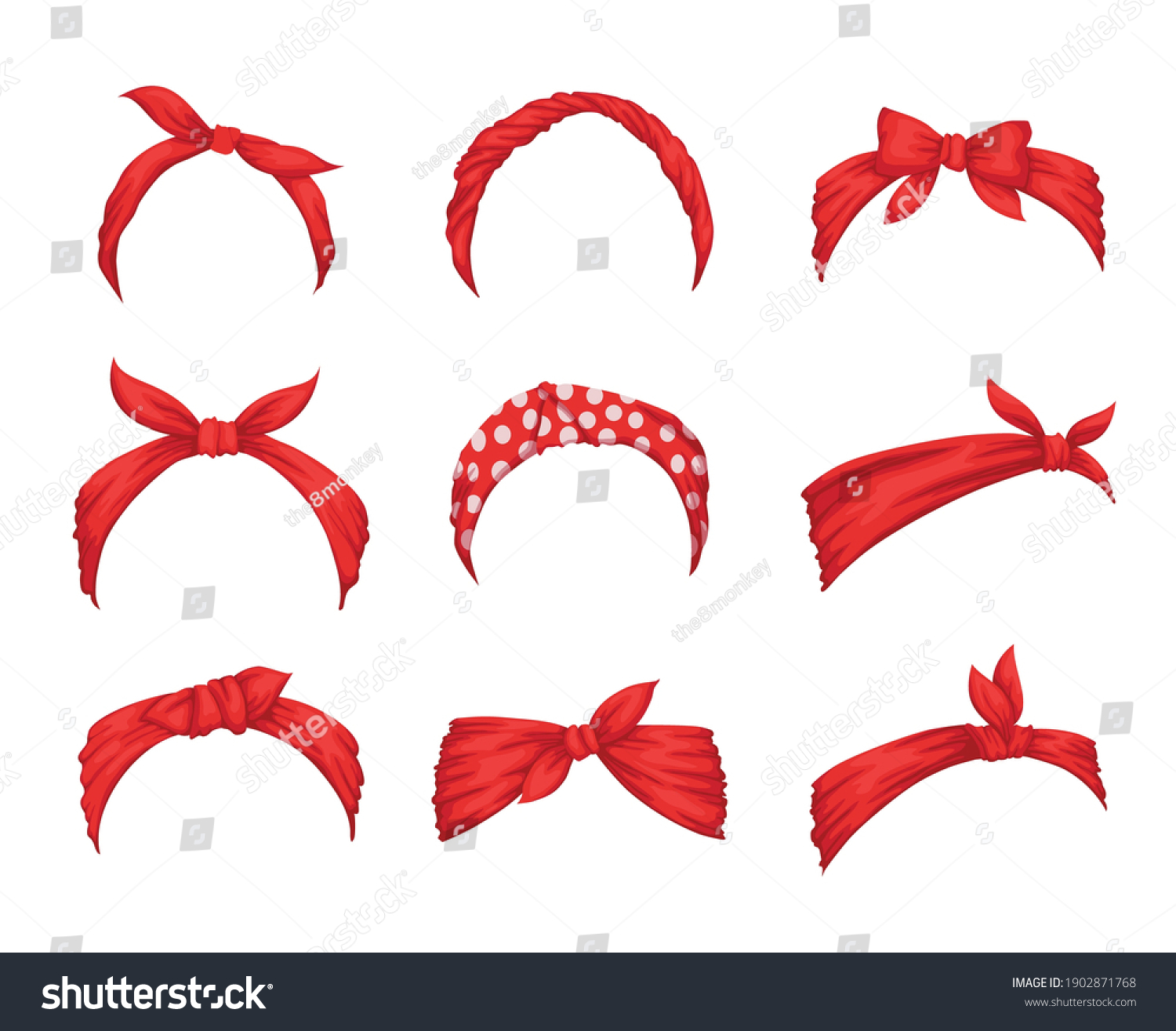 SVG of Set of retro headbands for woman. Collection of red bandanas for hairstyles. Windy hair dressing. Mockups of decorative hair knotted vintage scarves. Cute hairband or headdress vector illustration svg