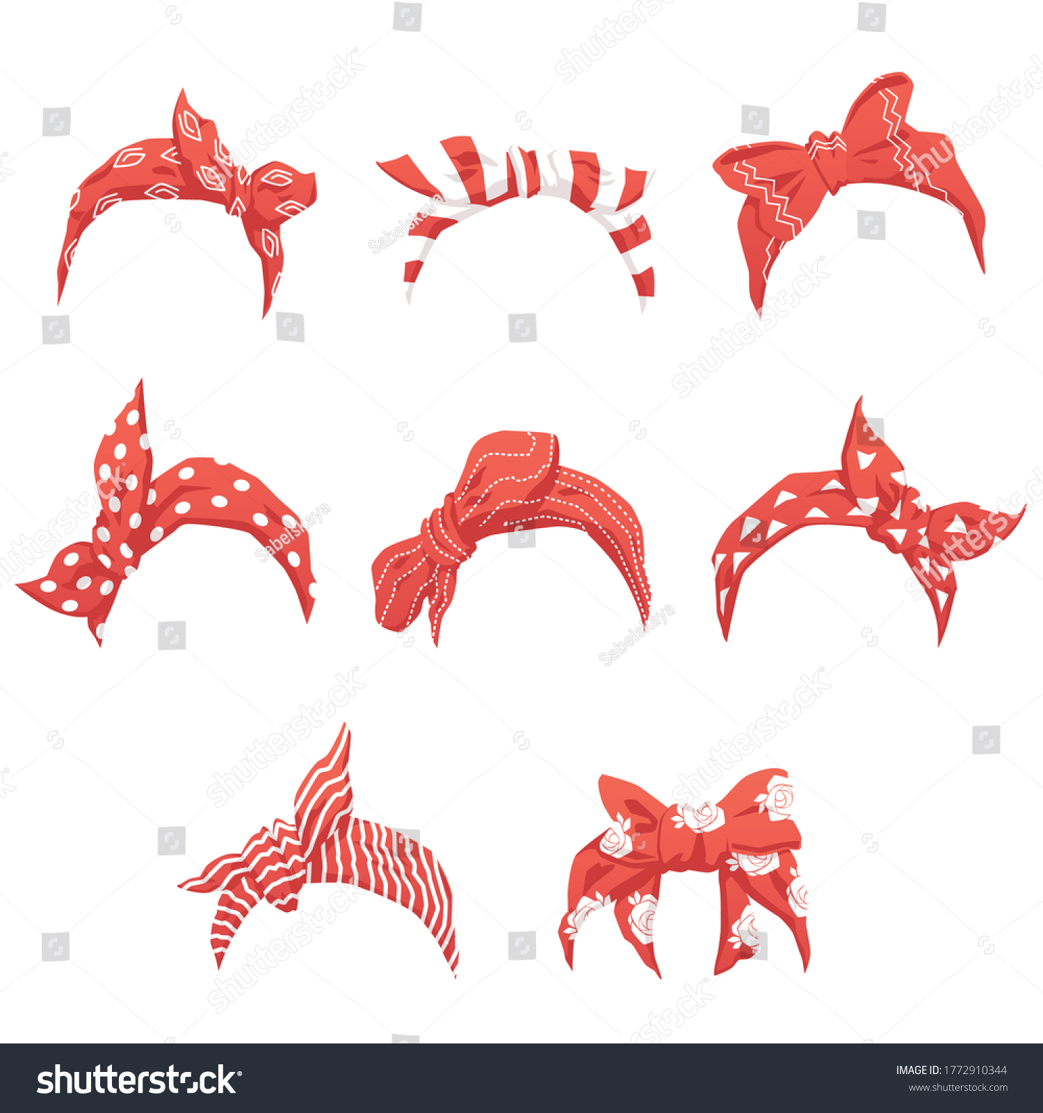 SVG of Set of retro red headband or bandana for women, realistic vector illustration isolated on white background. Mockups of decorative hair knotted vintage scarves. svg