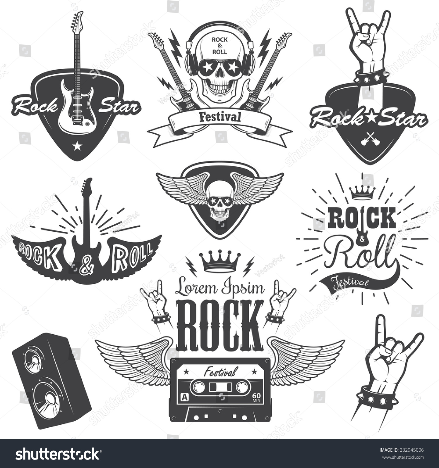 Set Rock Roll Music Emblems Labels Stock Vector 232945006 - Shutterstock