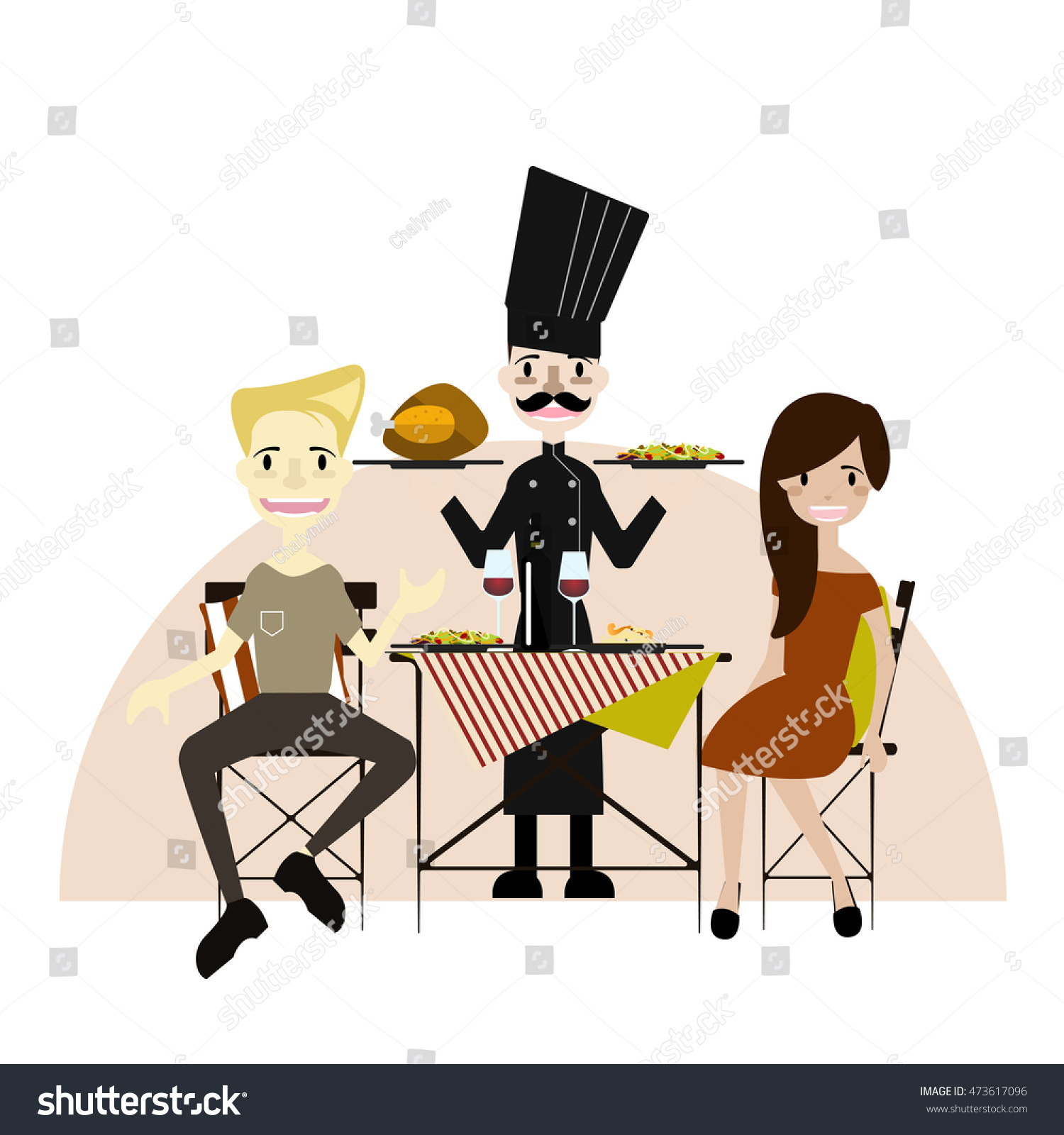 Set Romantic Couple Eating Restaurant Server Stock Vector Royalty Free