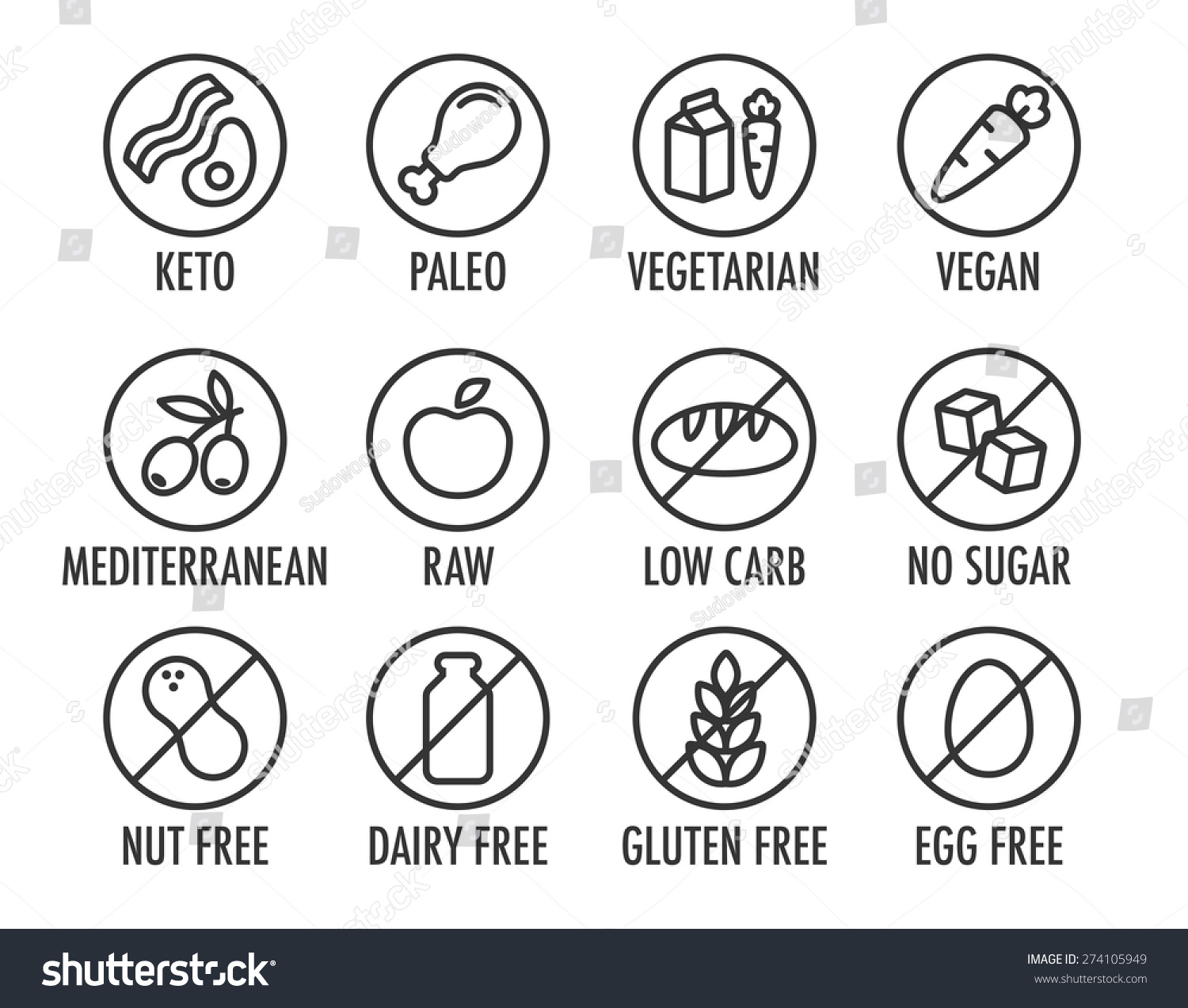 Set Round Icons Various Diets Ingredient Stock Vector 274105949 ...