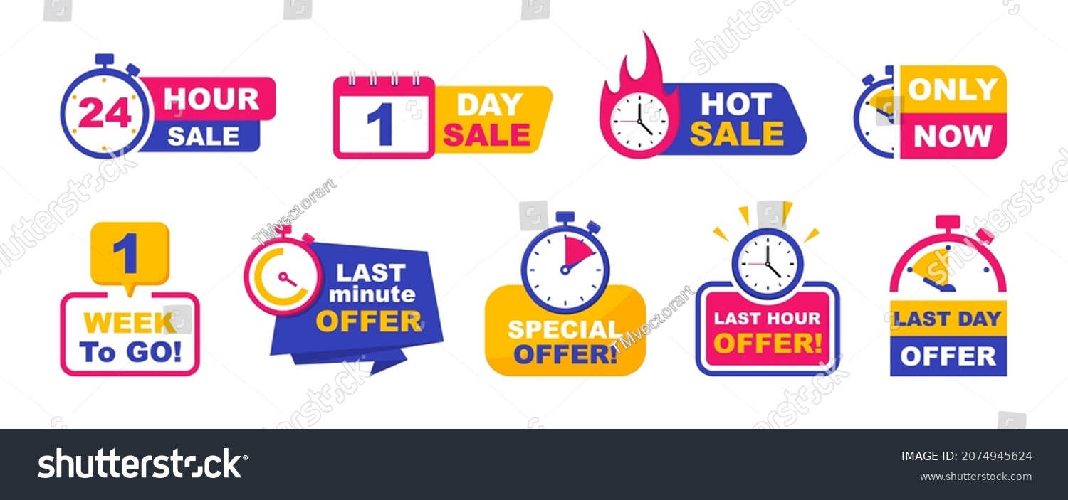 SVG of Set of sale countdown badges. Sale timer banners. Last day, last hour and last minute offer. One day, 24 hour and one week to go sale. Promo stickers hot sale and only now. svg