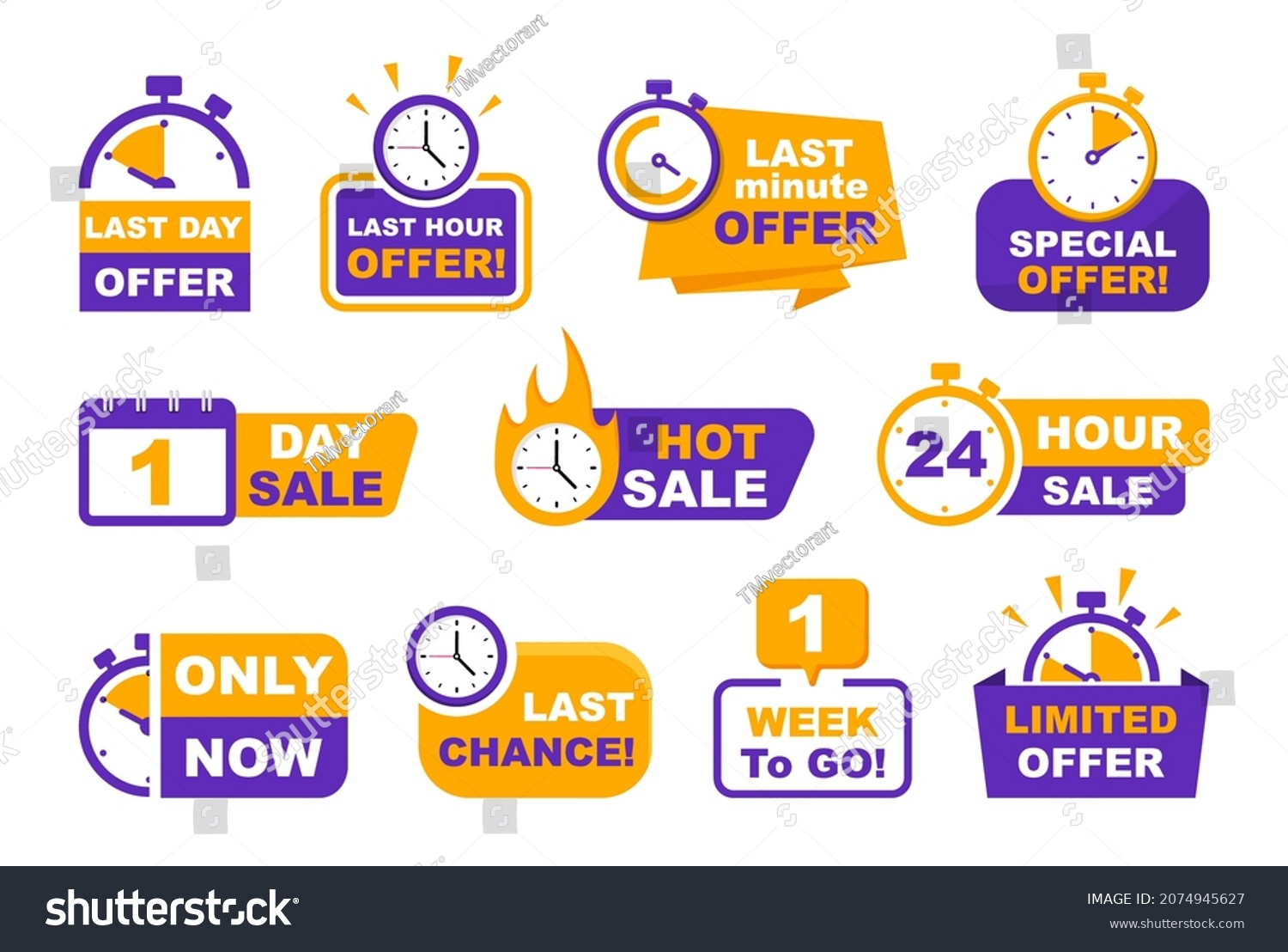 SVG of Set of sale countdown badges. Sale timer banners. Last day, last hour and last minute offer. One day, 24 hour and one week to go sale. Promo stickers hot sale and last chance. svg