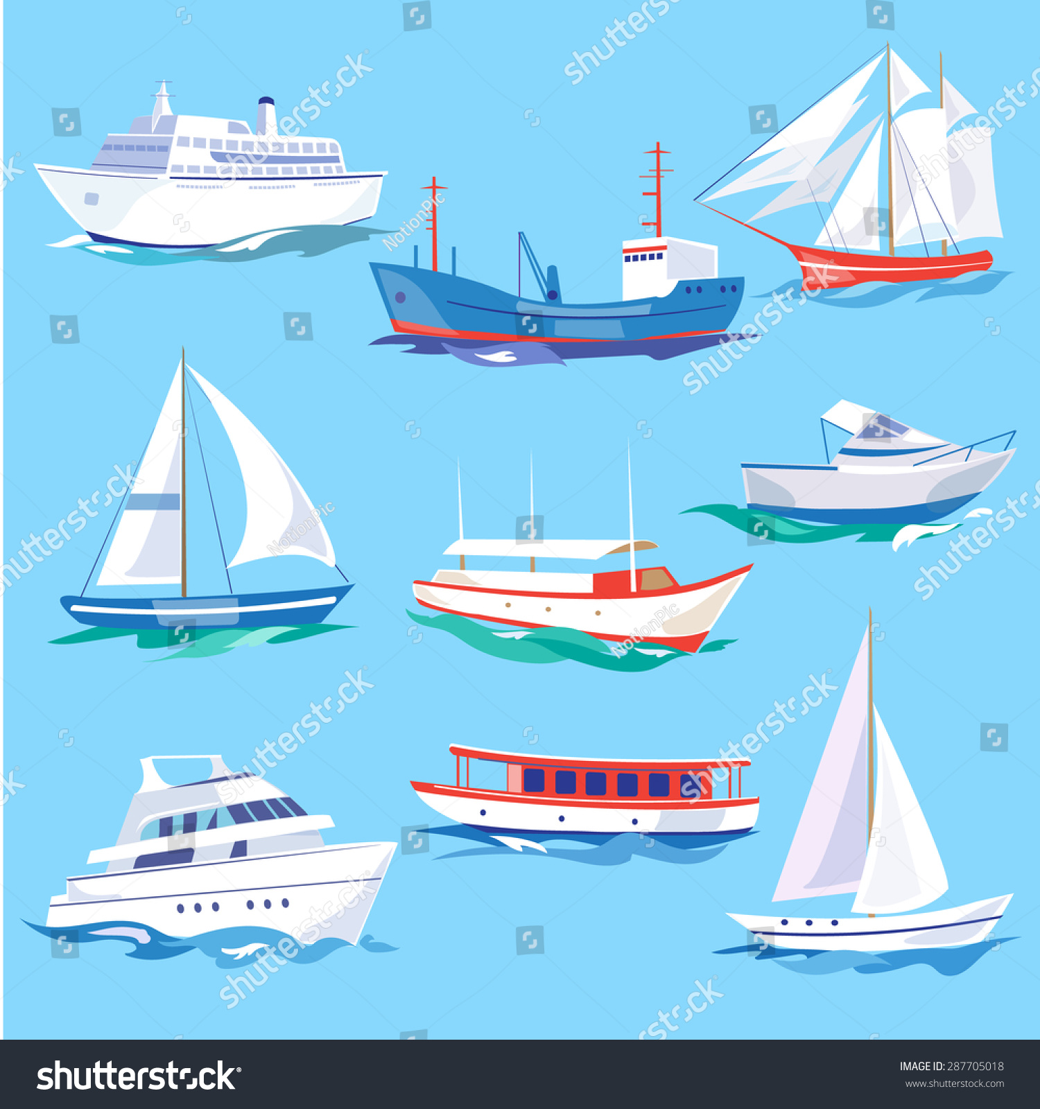 Set Of Sea Ships. Water Carriage And Maritime Transport In Flat Design ...