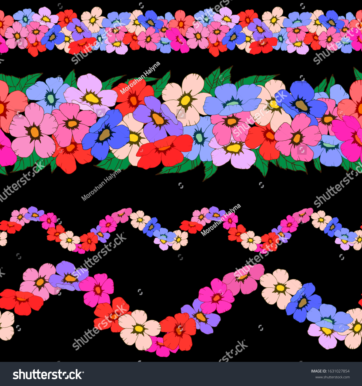 Set Seamless Borders Flowers Leaves Leaflets Stock Vector (Royalty Free ...