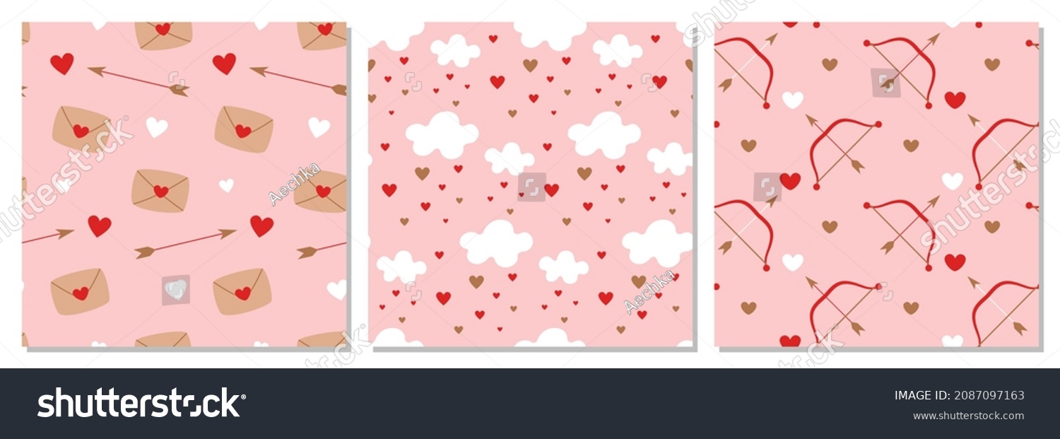 SVG of Set of seamless patterns for Valentine's Day. Hearts, arrows of cupid, messages of love. svg