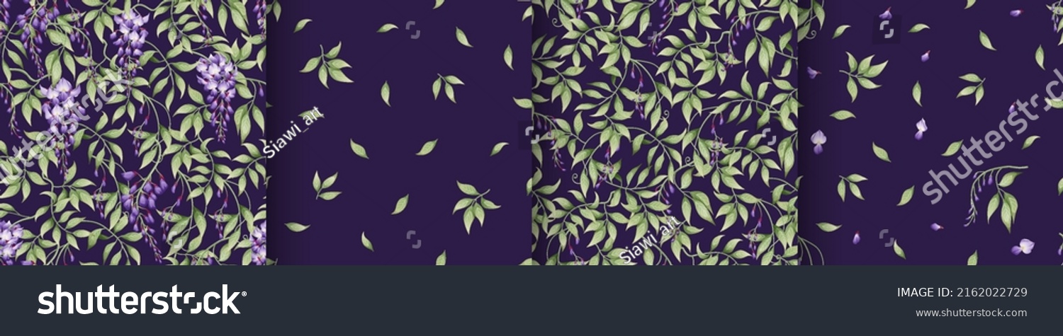 SVG of Set of seamless patterns with purple wisteria and green leaves on a dark background. Texture in Asian style. Suitable for fabric, paper, textile, wallpaper svg