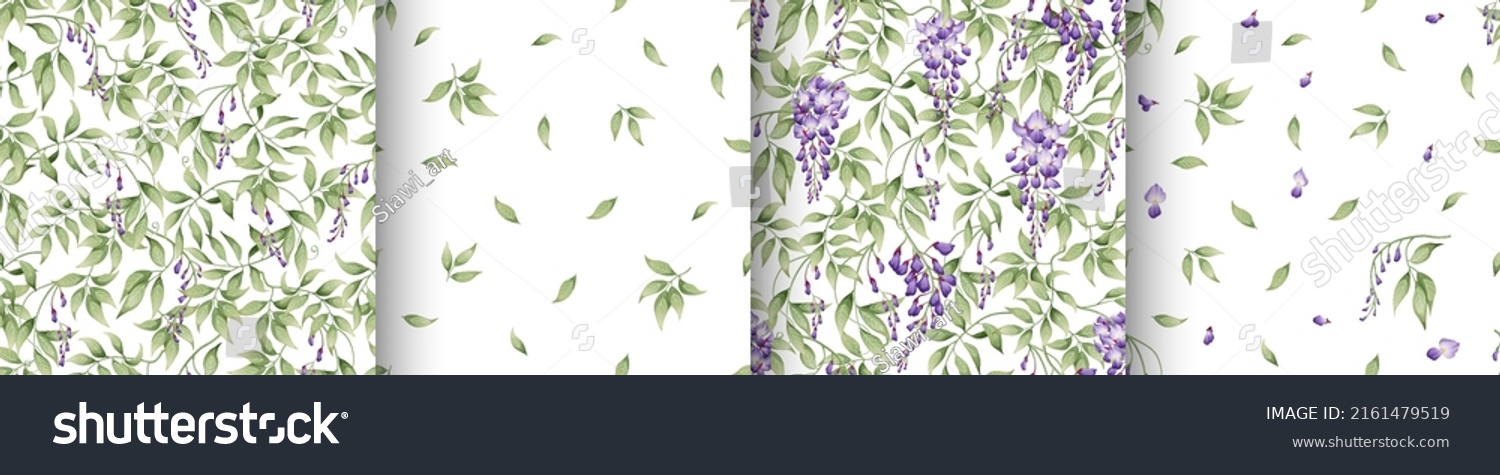 SVG of Set of seamless patterns with purple wisteria and green leaves on a white background. Texture in Asian style. Suitable for fabric, paper, textile, wallpaper svg