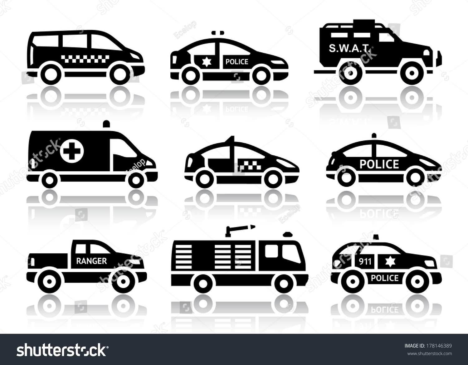 SVG of Set of service automobiles black icons with reflection, vector illustrations svg