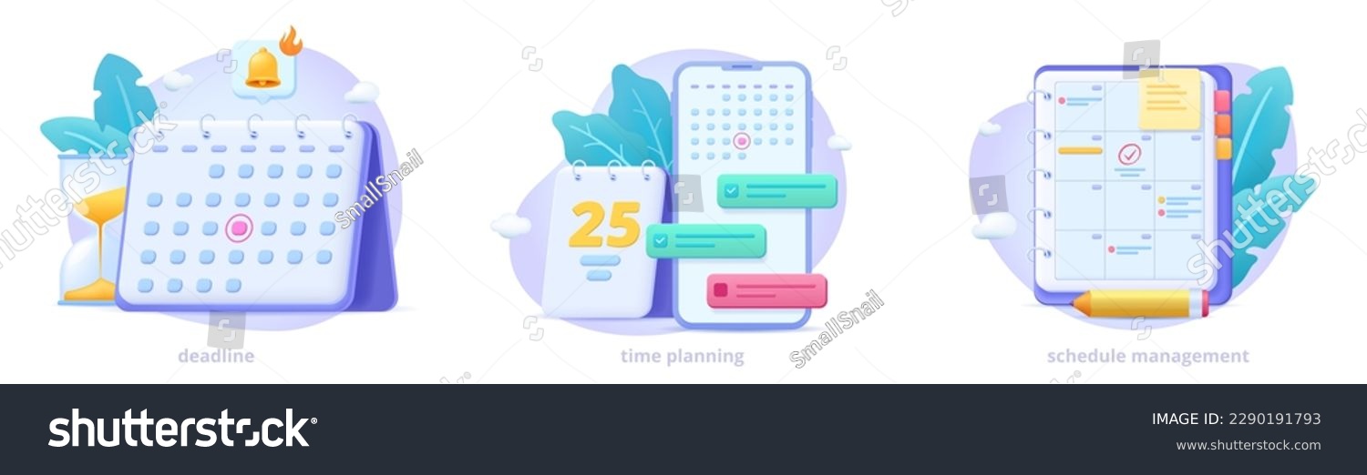 SVG of Set of shopping vector 3d illustrations: schedule and task management, time planning, calendar application with floral elements. Three dimensional icons for web site, landing page, banner.  svg