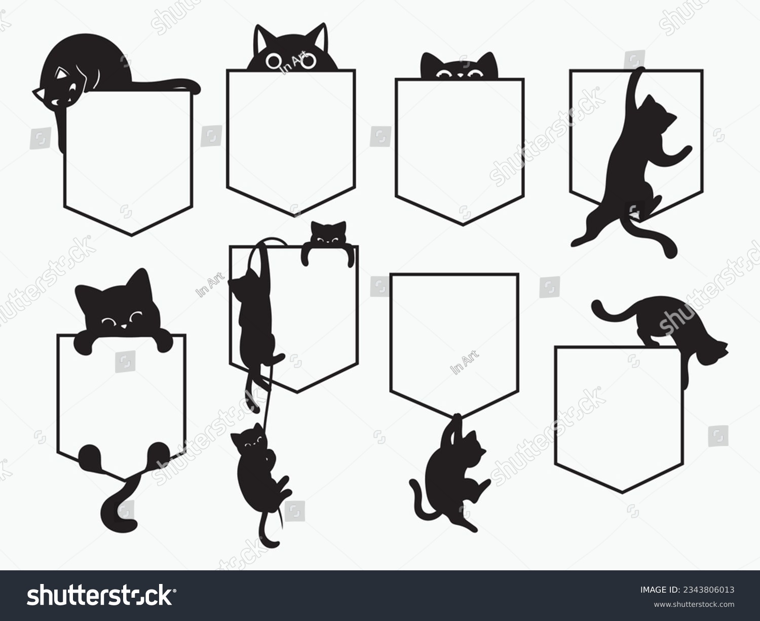 SVG of Set of silhouette pocket cat. Collection of playful cats peeking out of a pocket. Design for t-shirt. Kawaii kitties. Funny animals. Vector illustration on white background. svg