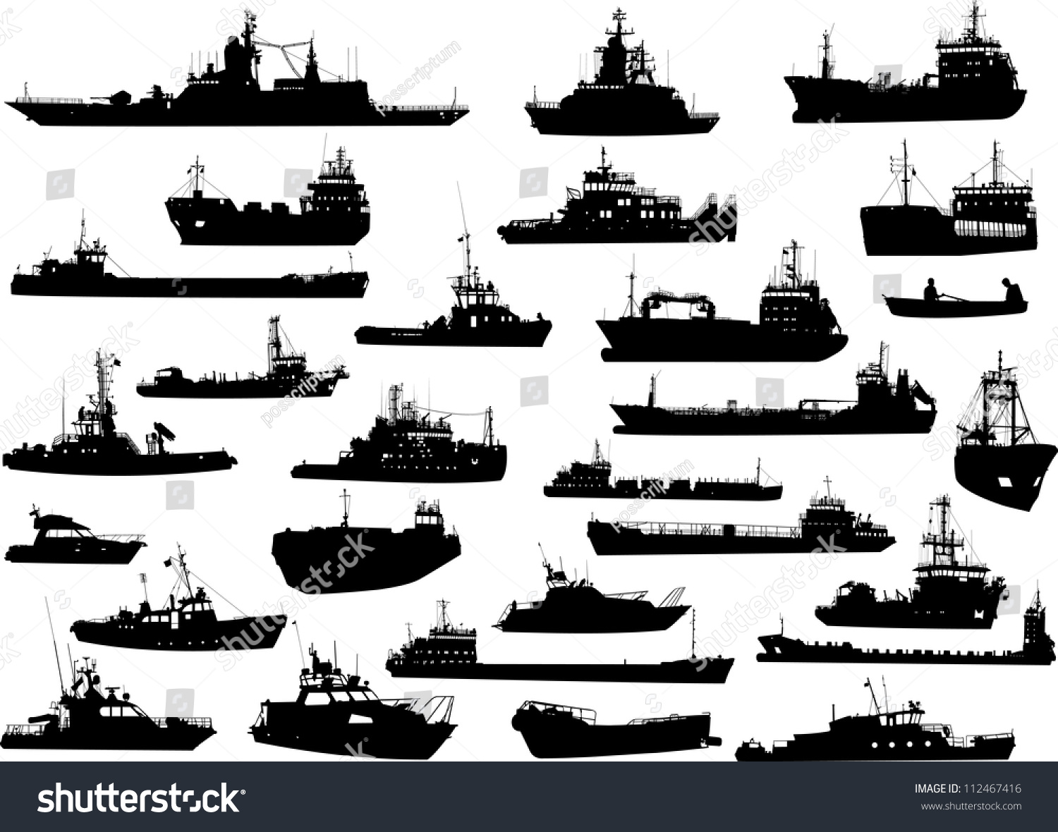 Set Of 28 Silhouettes Of The Sea Cargo And Military Ships Stock Vector ...