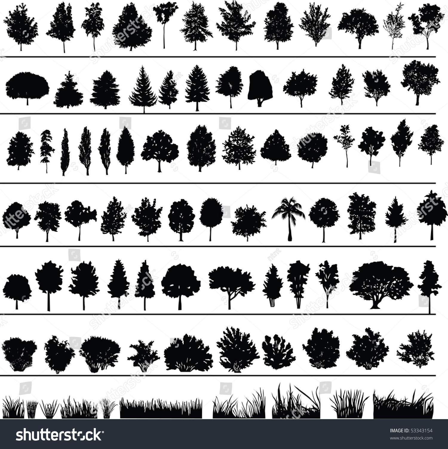 SVG of Set of silhouettes of trees, bushes and grass svg