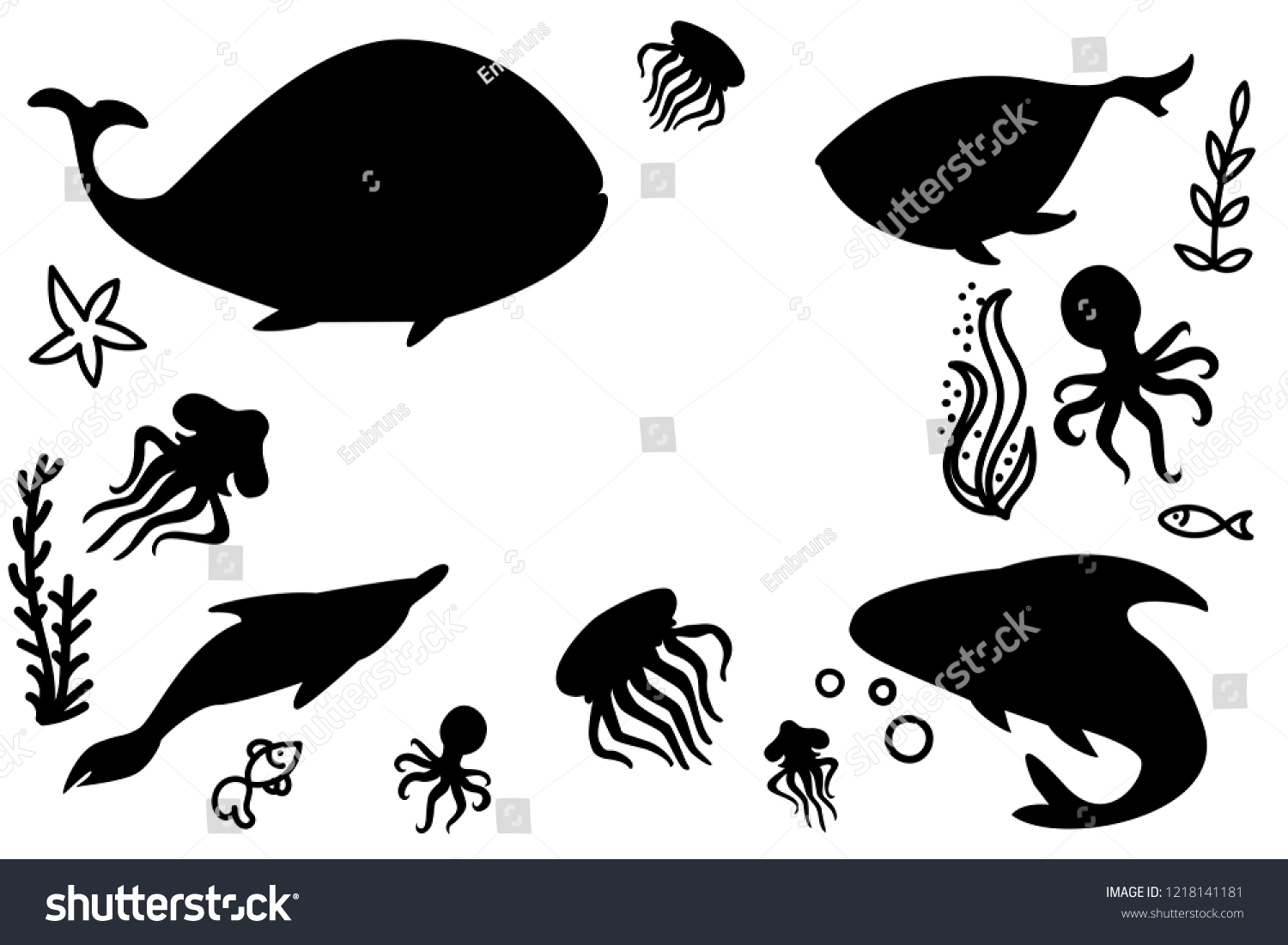 Set Silhouettes Underwater Creatures On White Stock Vector (Royalty ...