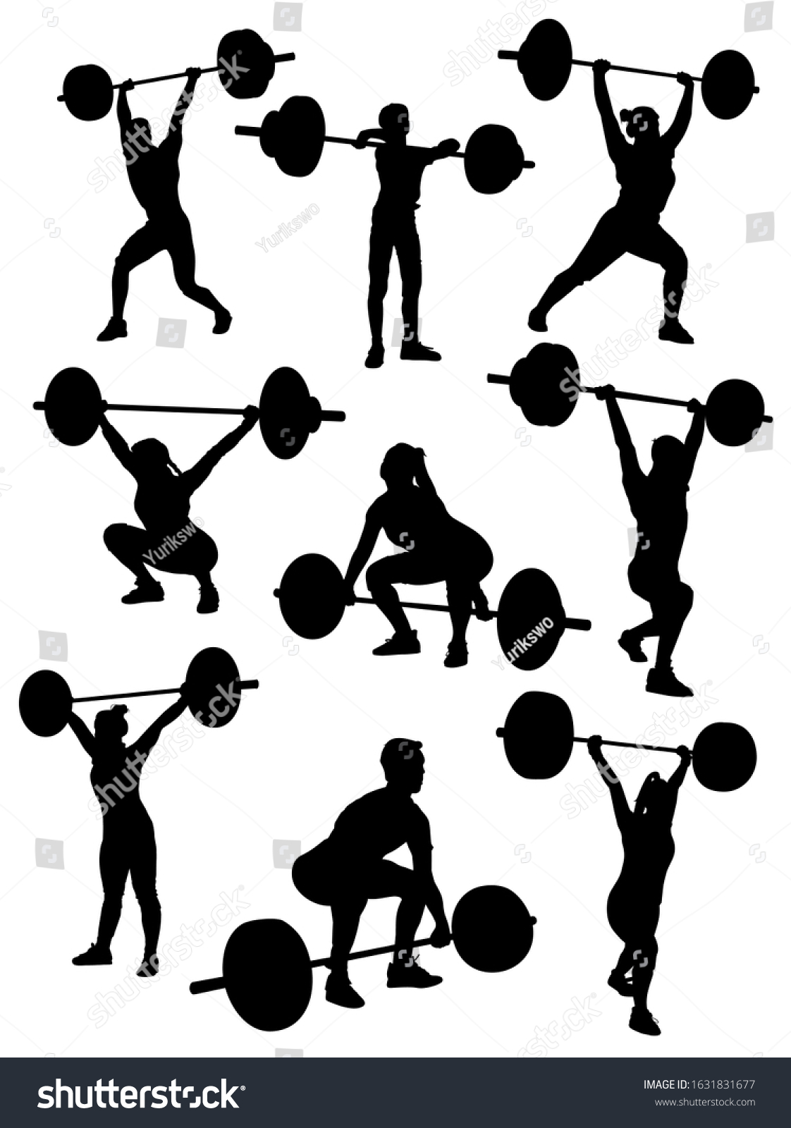 SVG of set of silhouettes of weightlifters with a barbell vector silhouette svg