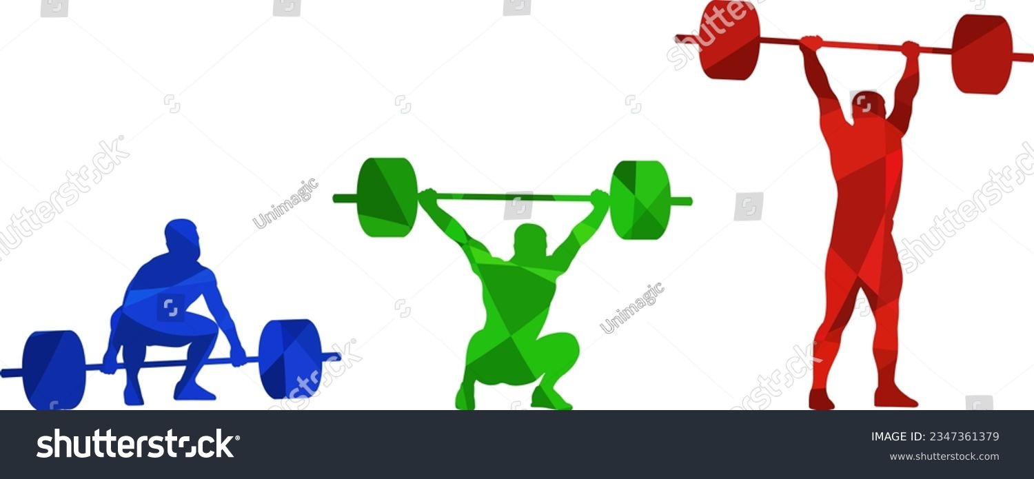 SVG of Set of silhouettes of weightlifting athletes on white background. Isolated vector colored images. Abstract blue, green and red vector image of powerlifting sportsmen. svg