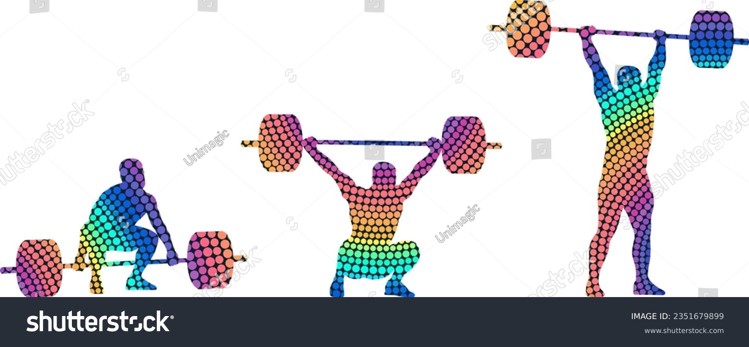 SVG of Set of silhouettes of weightlifting athletes on white background. Isolated vector colored images. Abstract vector image from colored dots of powerlifting sportsmen. svg
